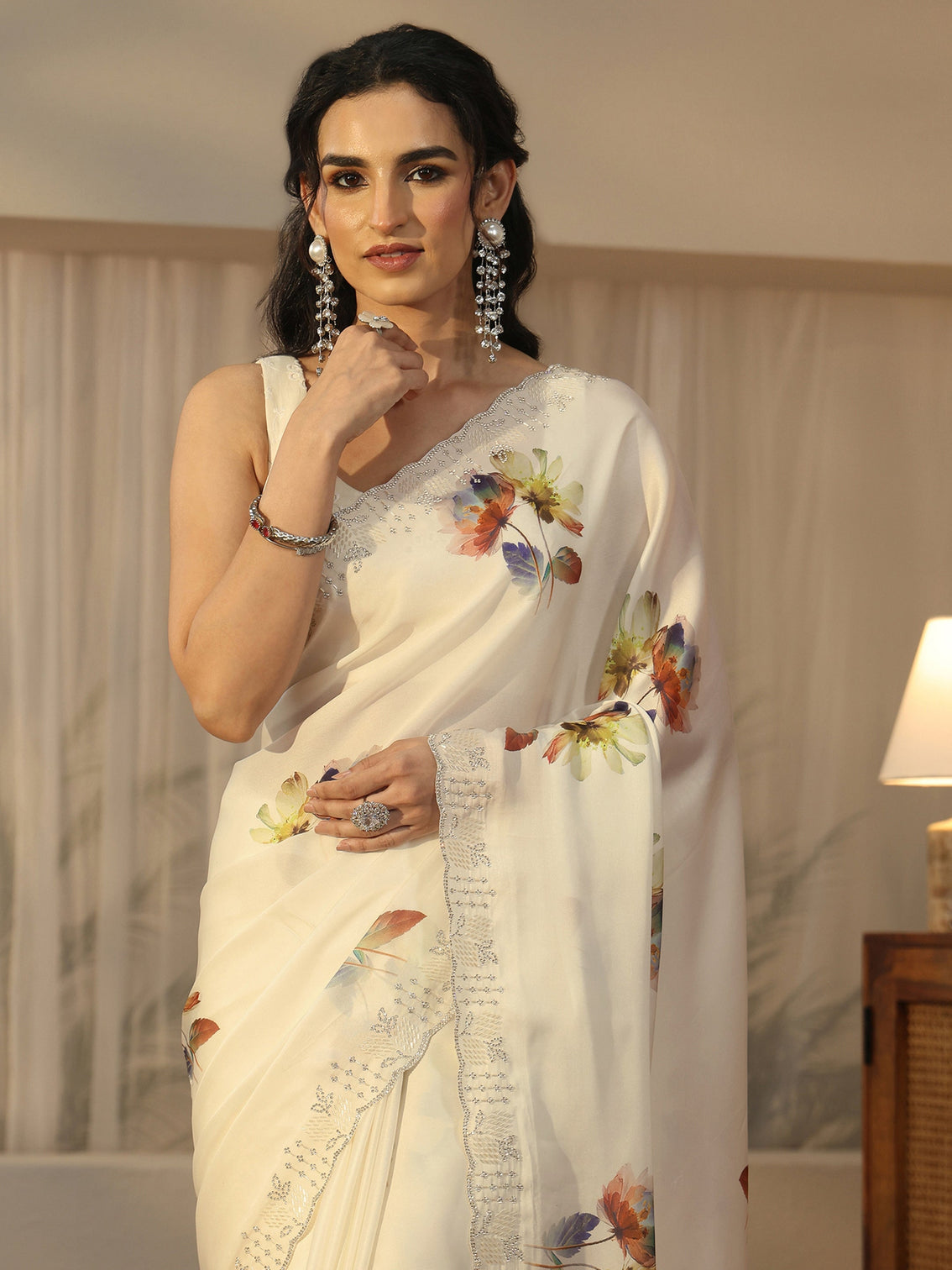 Mameraa Cream Floral Printed Satin Saree with Embellished Border
