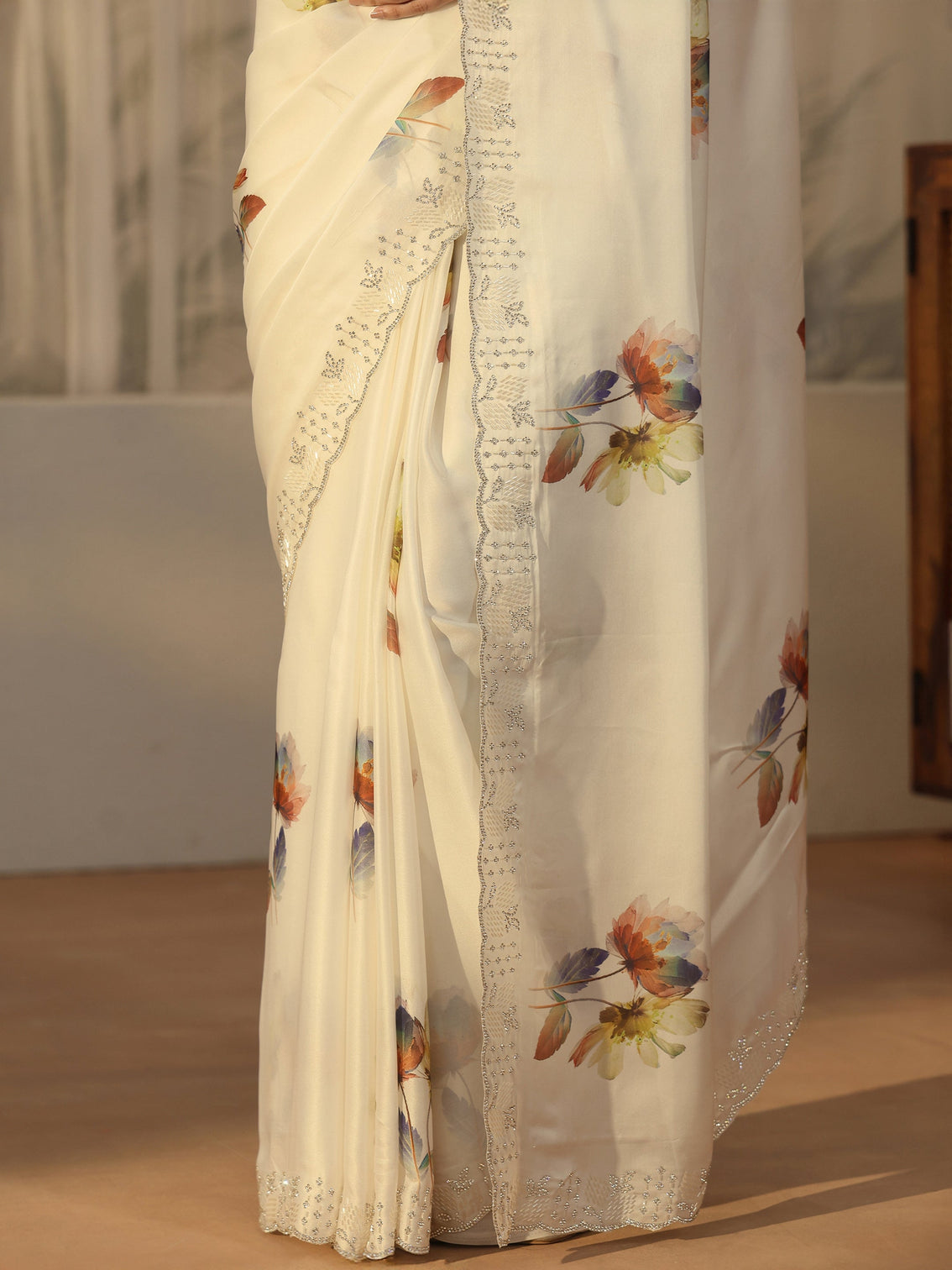 Mameraa Cream Floral Printed Satin Saree with Embellished Border