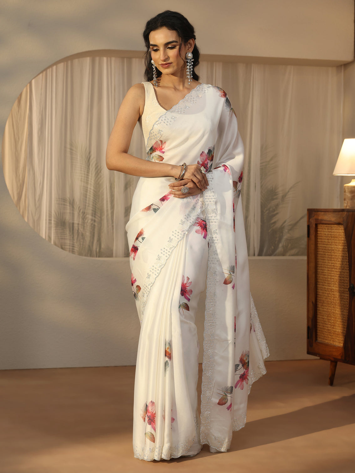 Mameraa Cream Floral Printed Satin Saree with Embellished Border