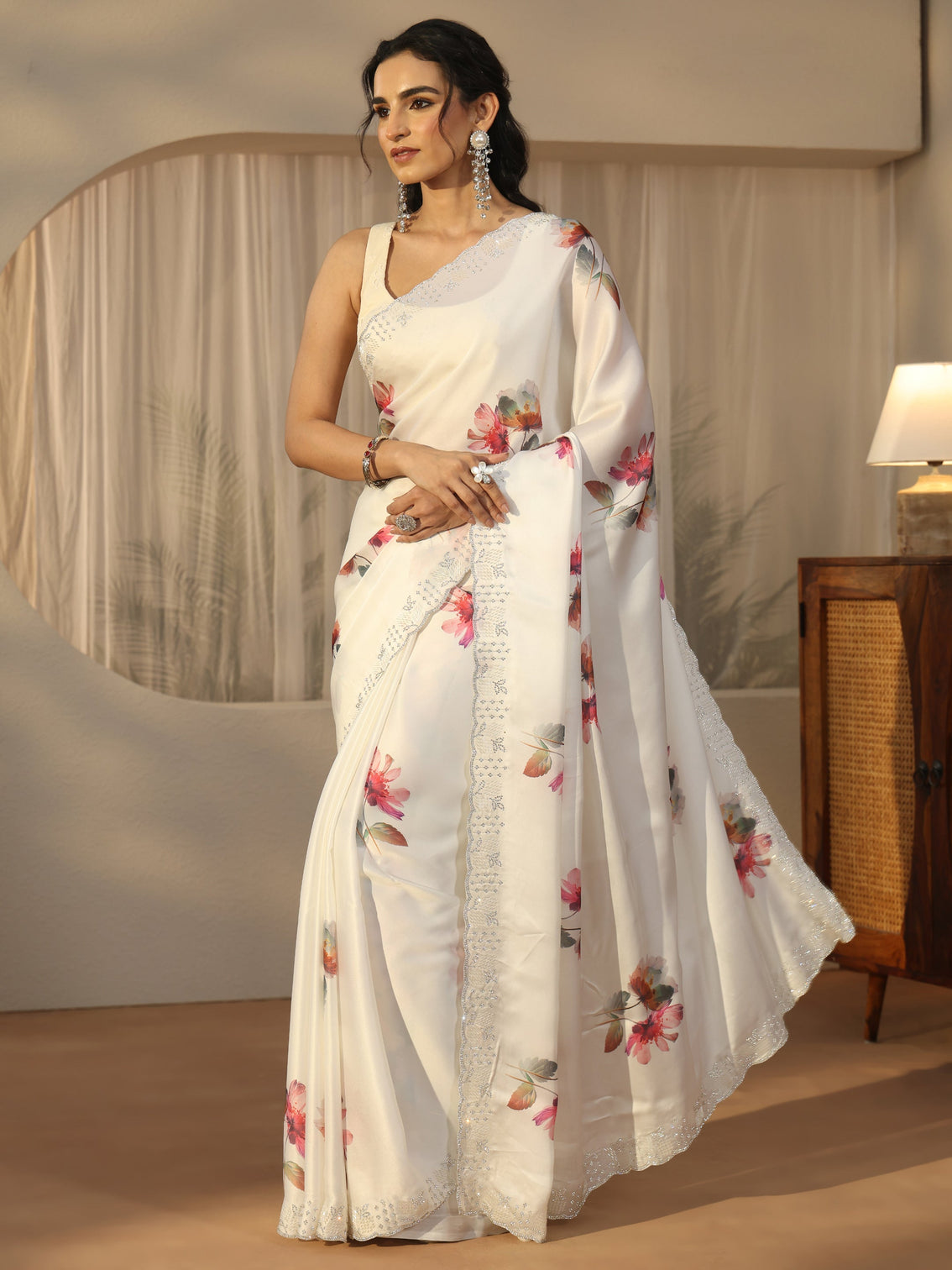 Mameraa Cream Floral Printed Satin Saree with Embellished Border