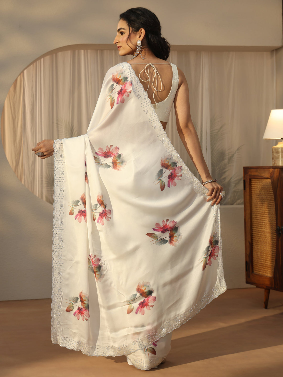 Mameraa Cream Floral Printed Satin Saree with Embellished Border