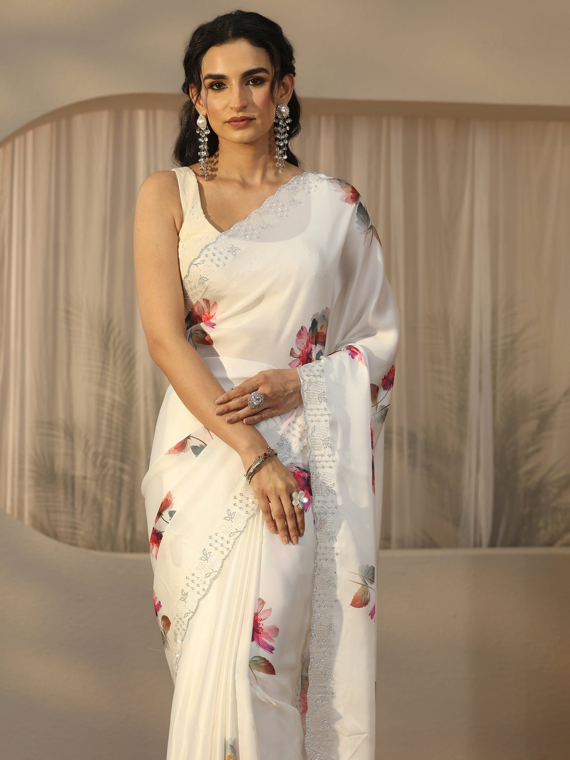 Mameraa Cream Floral Printed Satin Saree with Embellished Border