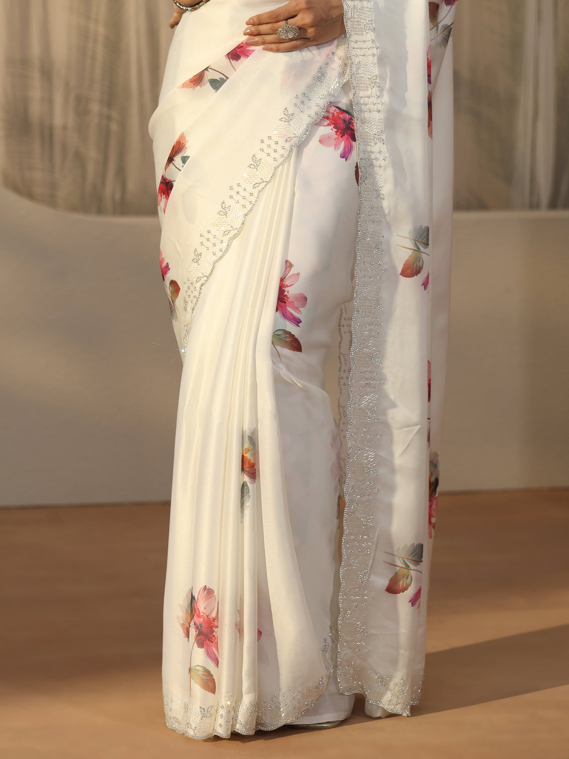 Mameraa Cream Floral Printed Satin Saree with Embellished Border