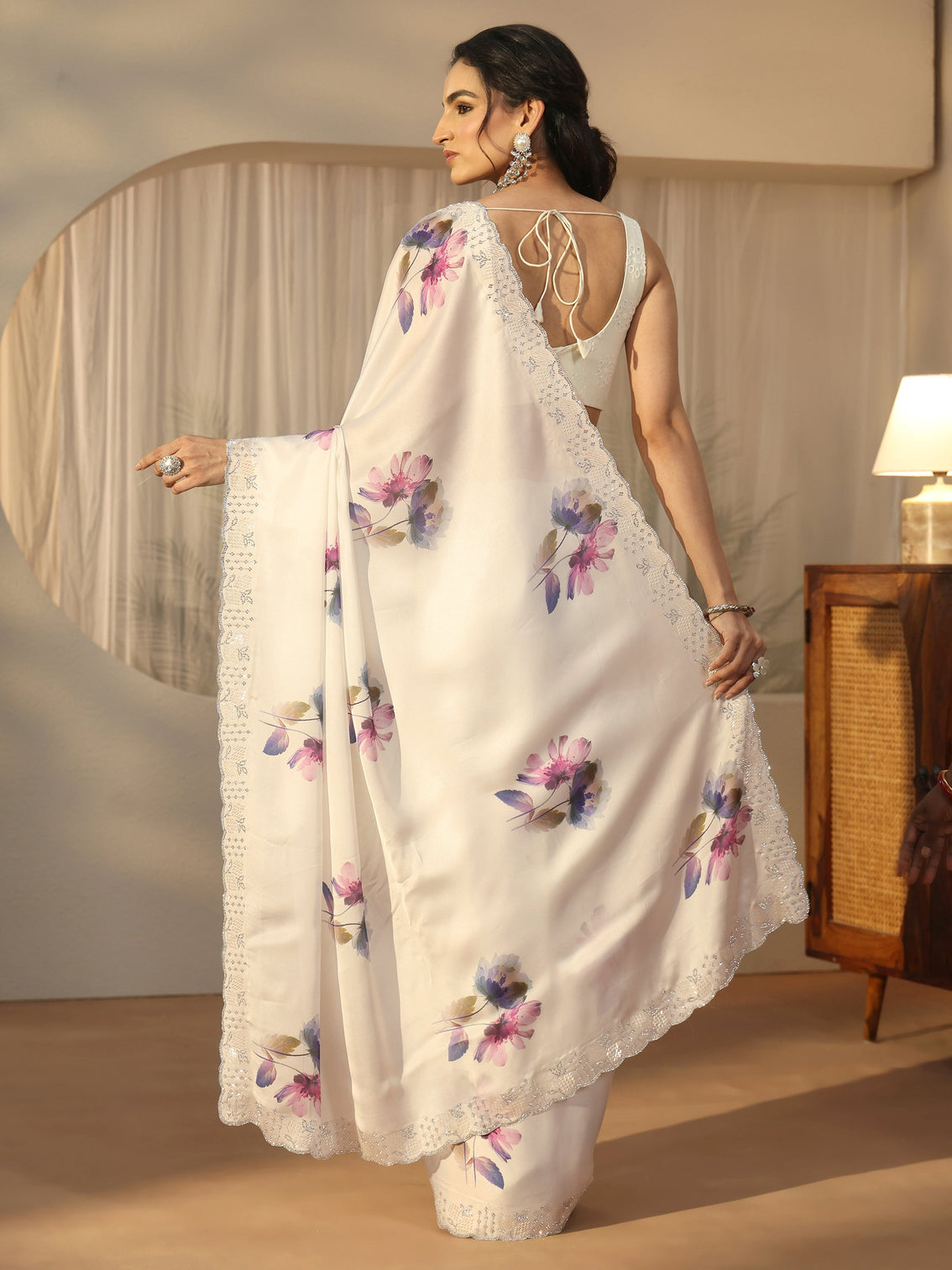 Mameraa Cream Floral Printed Satin Saree with Embellished Border