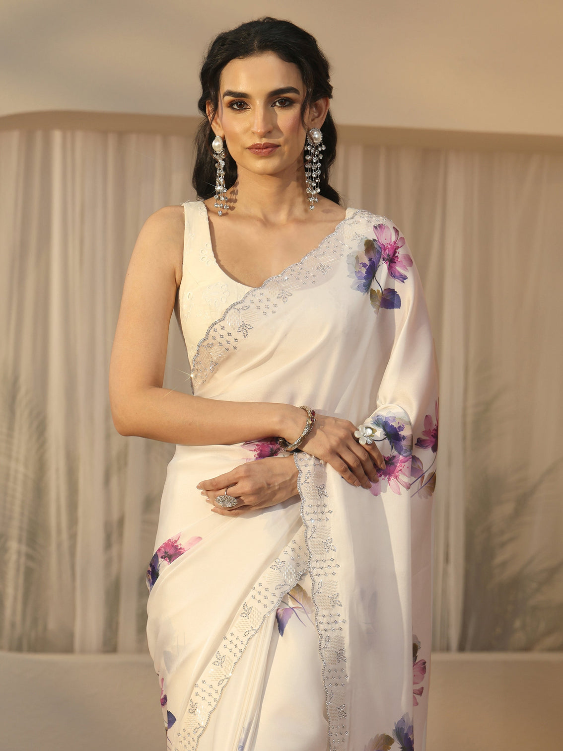 Mameraa Cream Floral Printed Satin Saree with Embellished Border