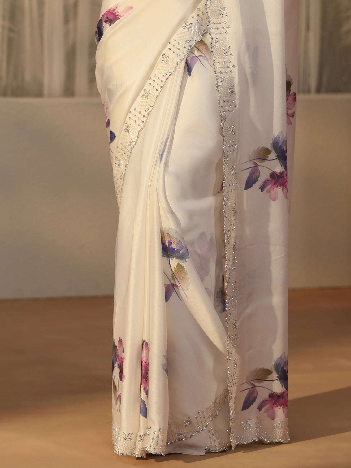 Mameraa Cream Floral Printed Satin Saree with Embellished Border