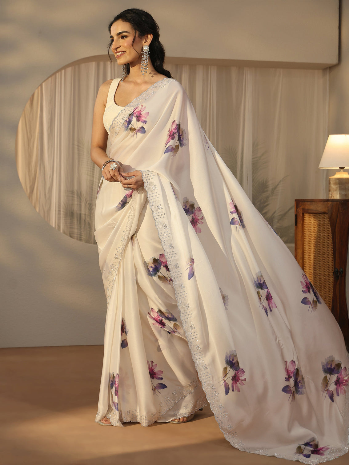 Mameraa Cream Floral Printed Satin Saree with Embellished Border