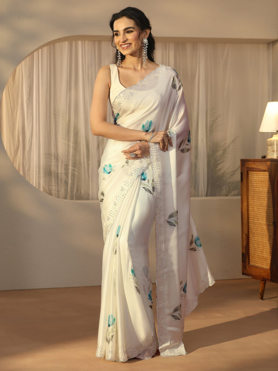 Mameraa Cream Floral Printed Satin Saree with Embellished Border