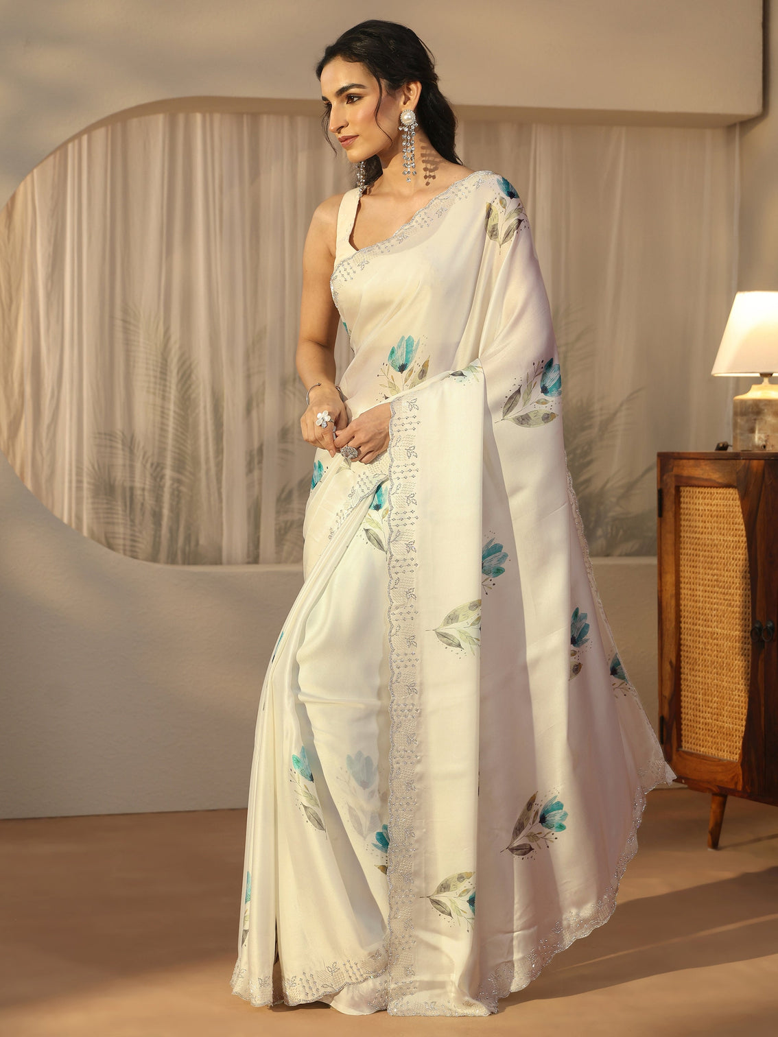 Mameraa Cream Floral Printed Satin Saree with Embellished Border