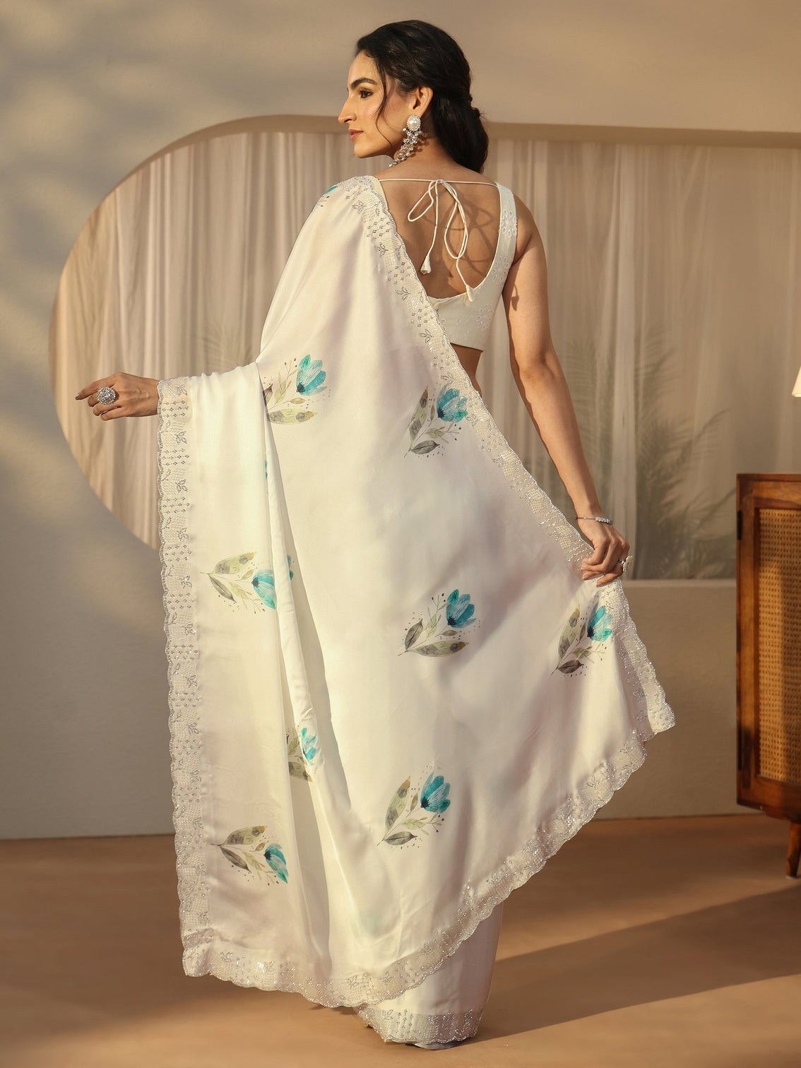 Mameraa Cream Floral Printed Satin Saree with Embellished Border