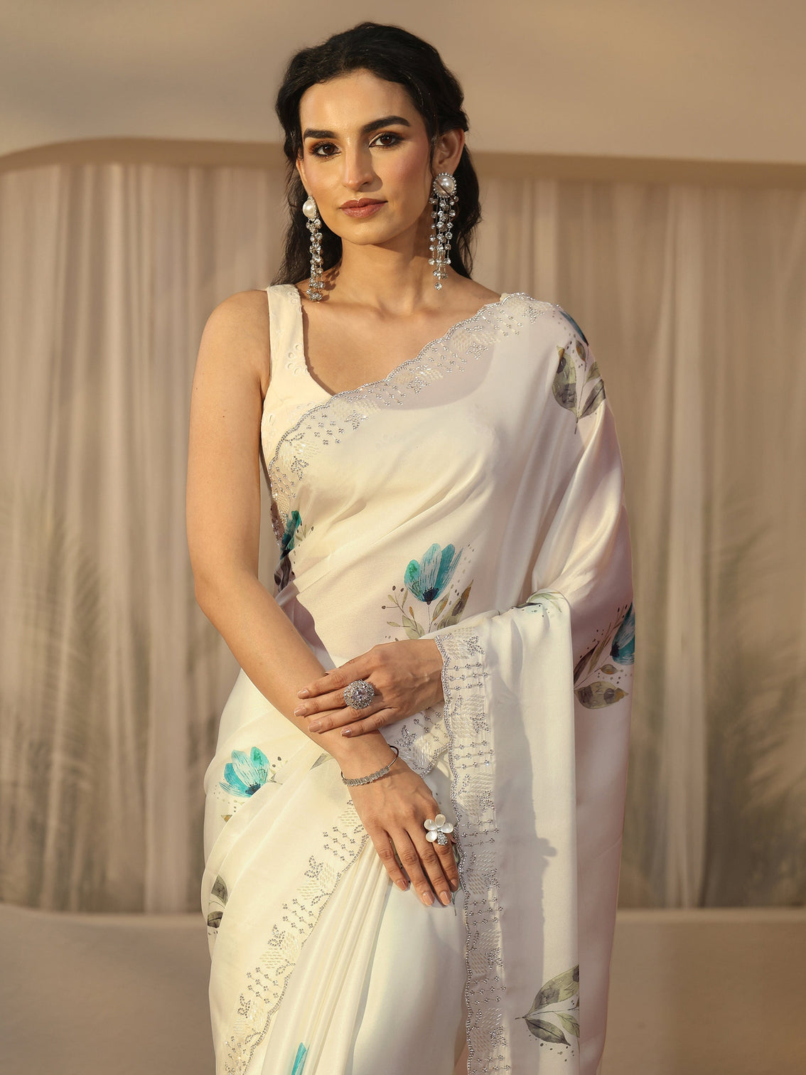 Mameraa Cream Floral Printed Satin Saree with Embellished Border