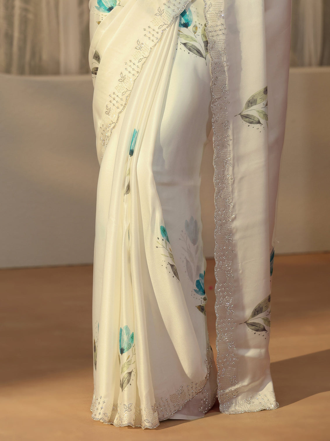 Mameraa Cream Floral Printed Satin Saree with Embellished Border