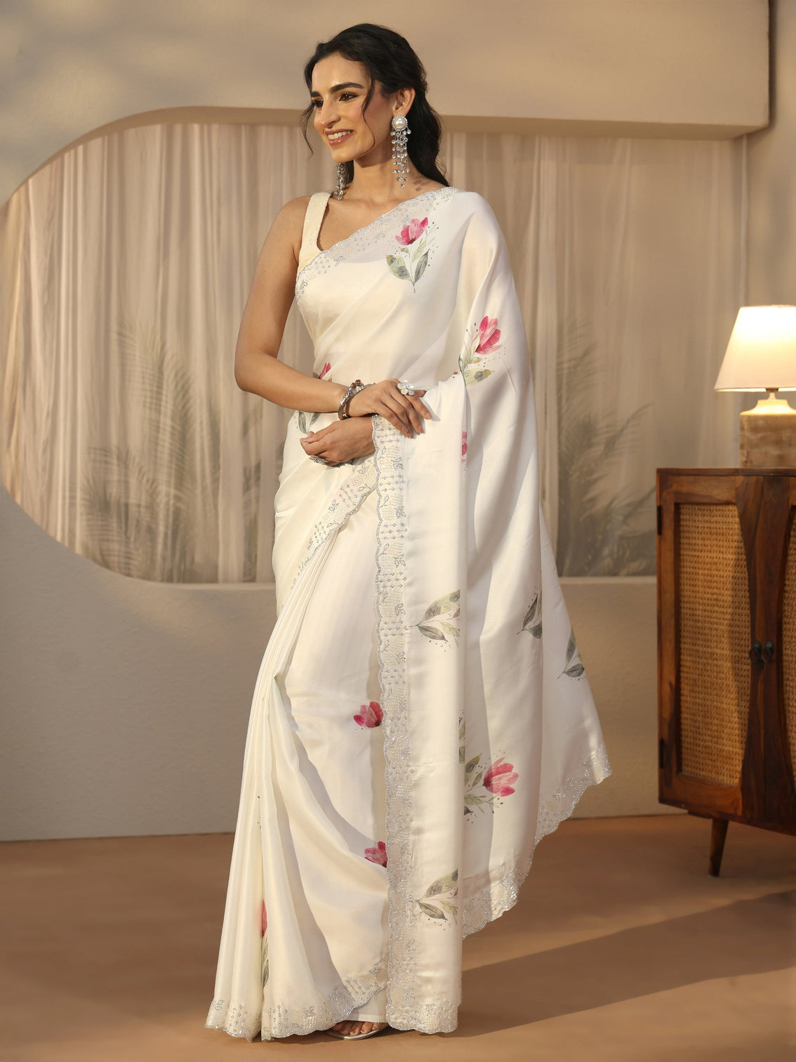 Mameraa Cream Floral Printed Satin Saree with Embellished Border