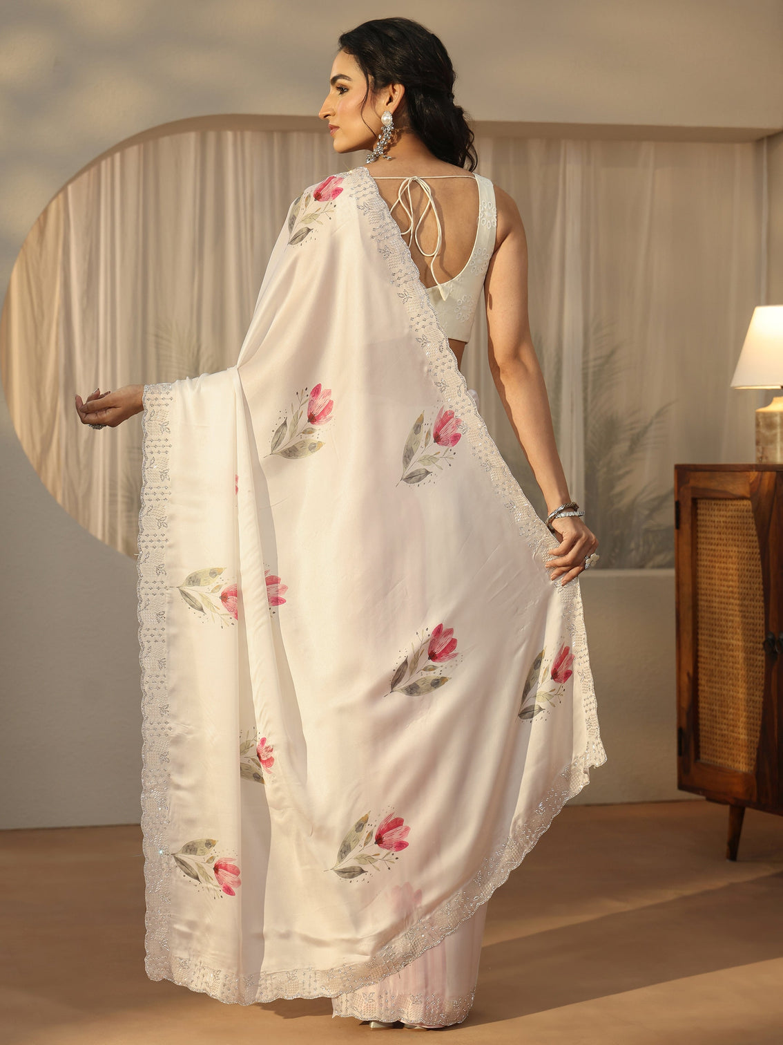 Mameraa Cream Floral Printed Satin Saree with Embellished Border