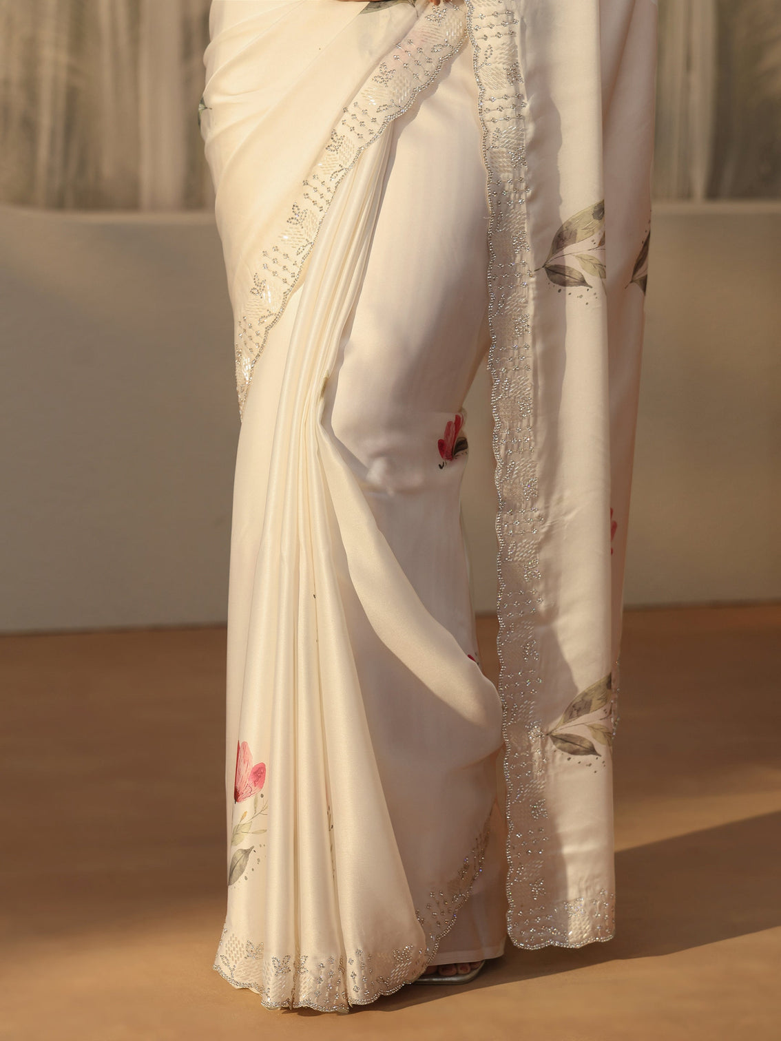 Mameraa Cream Floral Printed Satin Saree with Embellished Border