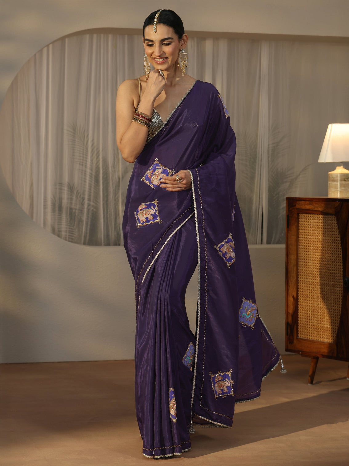 Mameraa Purple Satin Saree with Applique Design