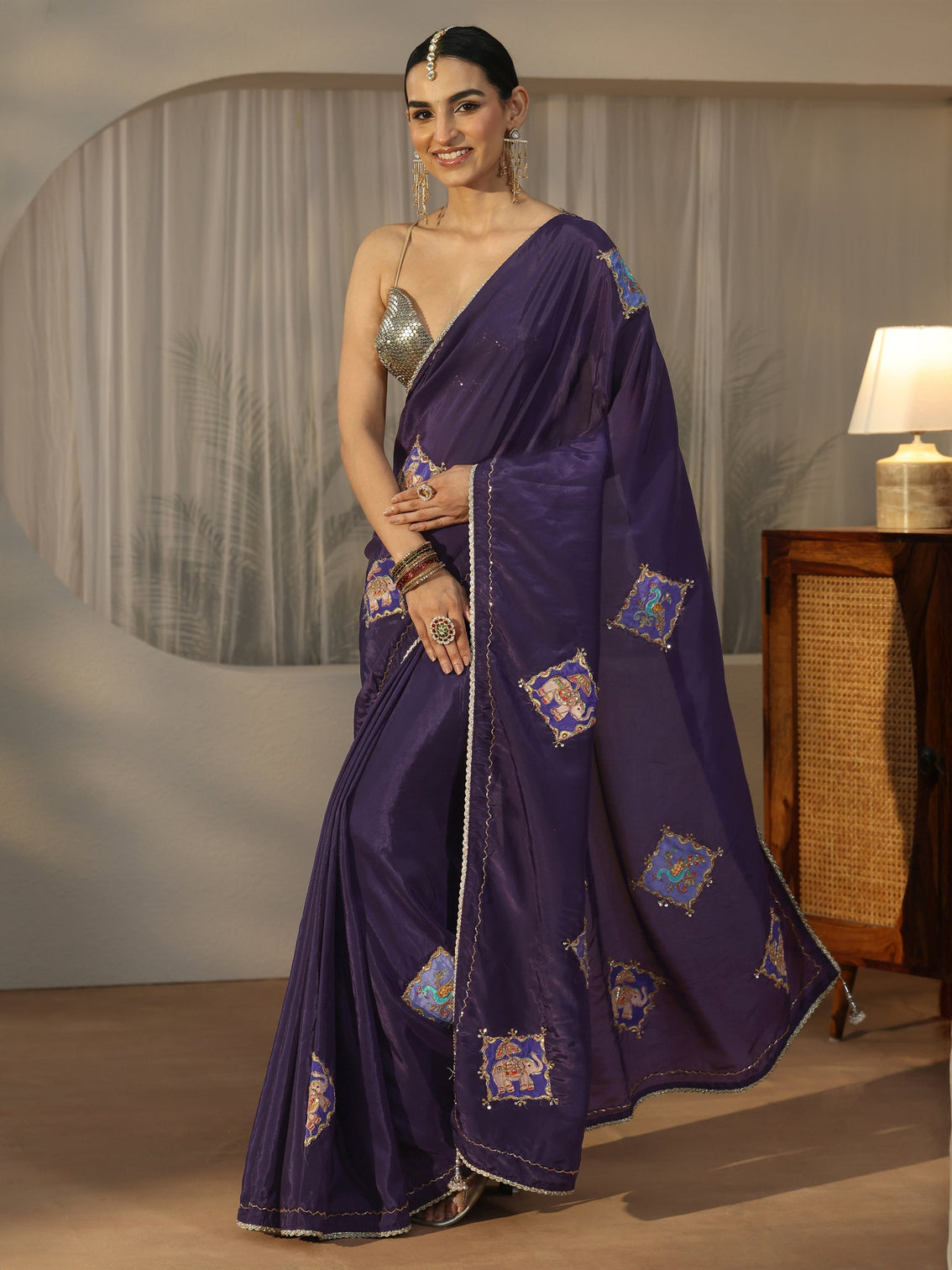 Mameraa Purple Satin Saree with Applique Design