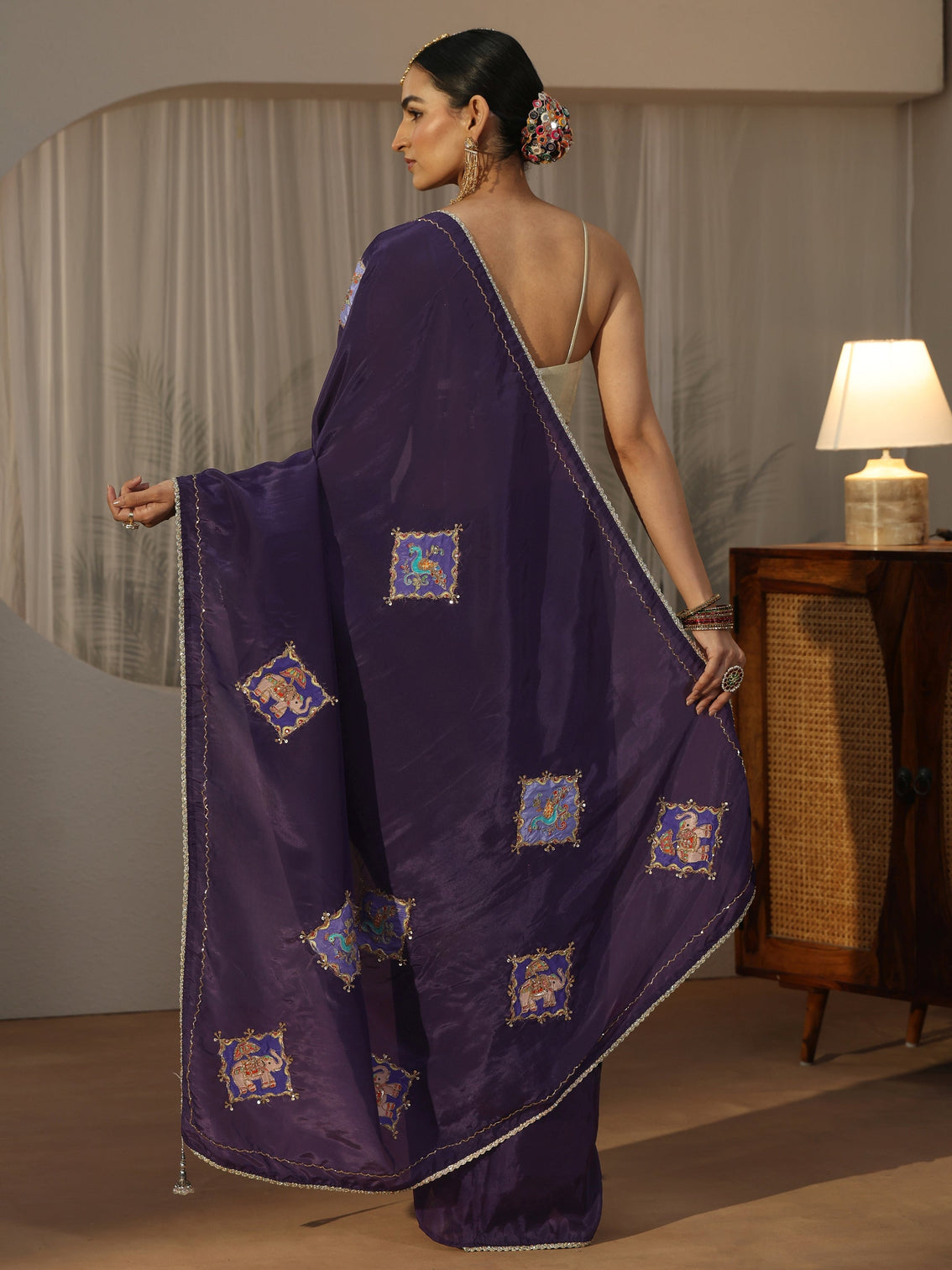 Mameraa Purple Satin Saree with Applique Design