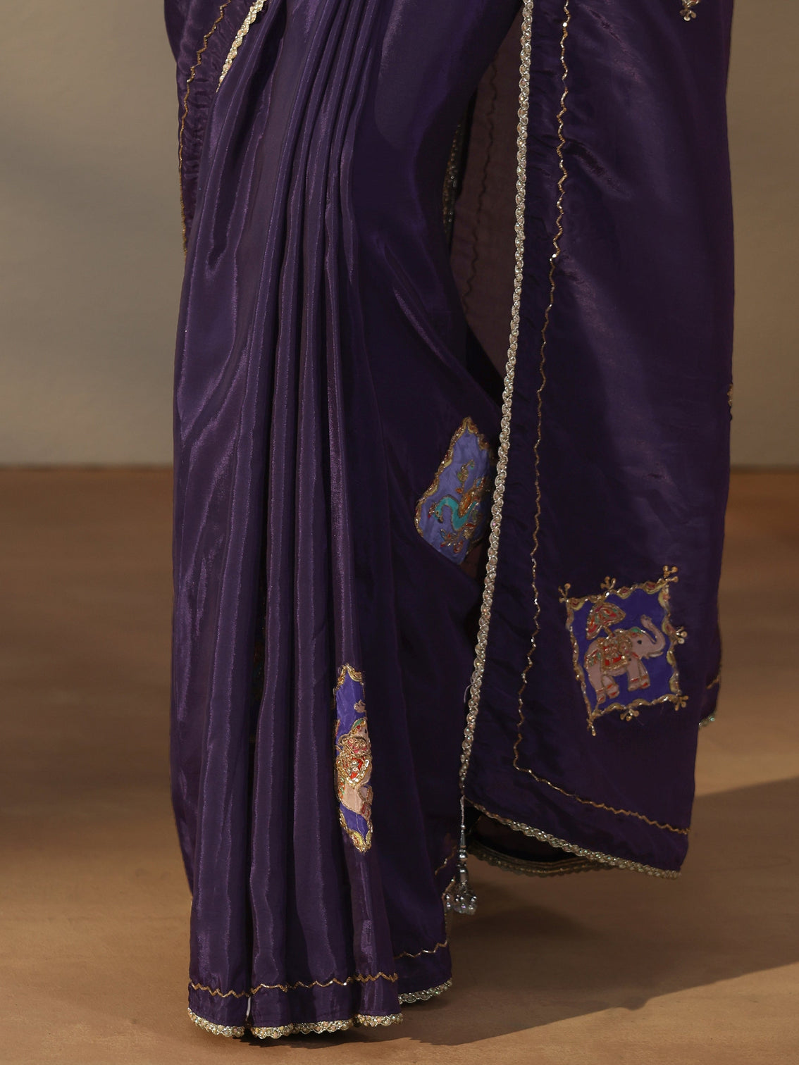 Mameraa Purple Satin Saree with Applique Design