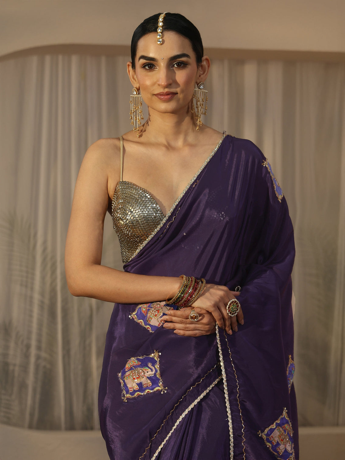 Mameraa Purple Satin Saree with Applique Design