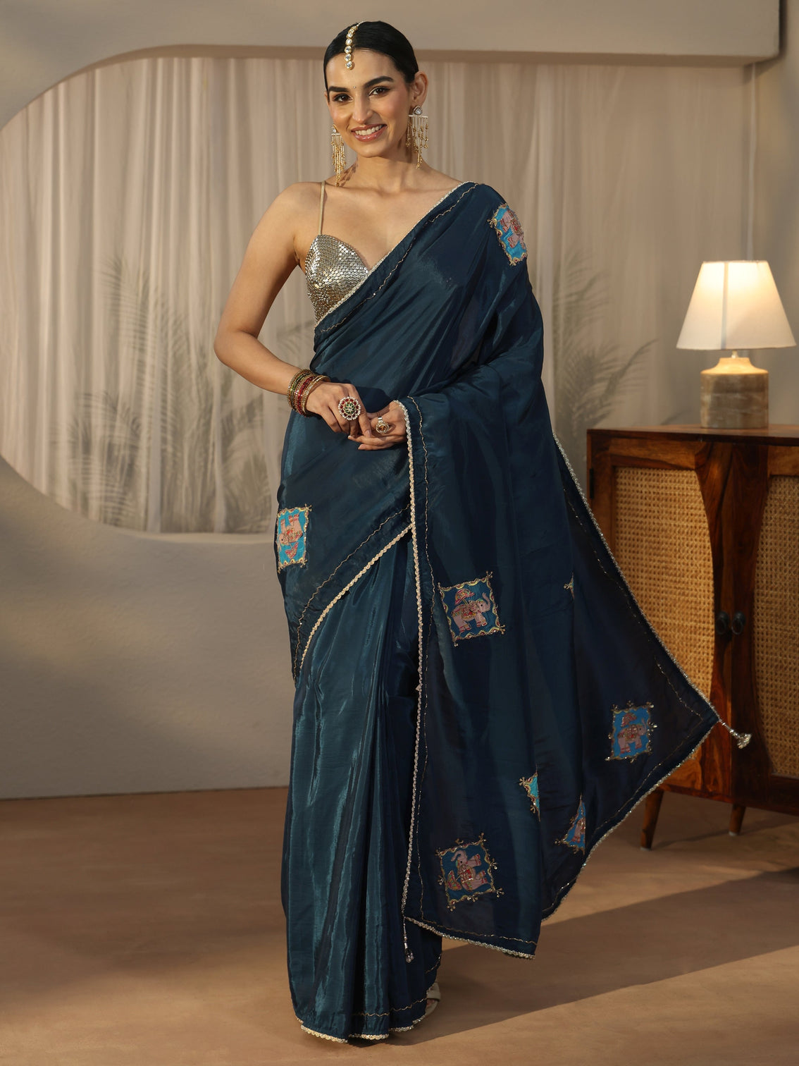 Mameraa Navy Blue Satin Saree with Applique Design
