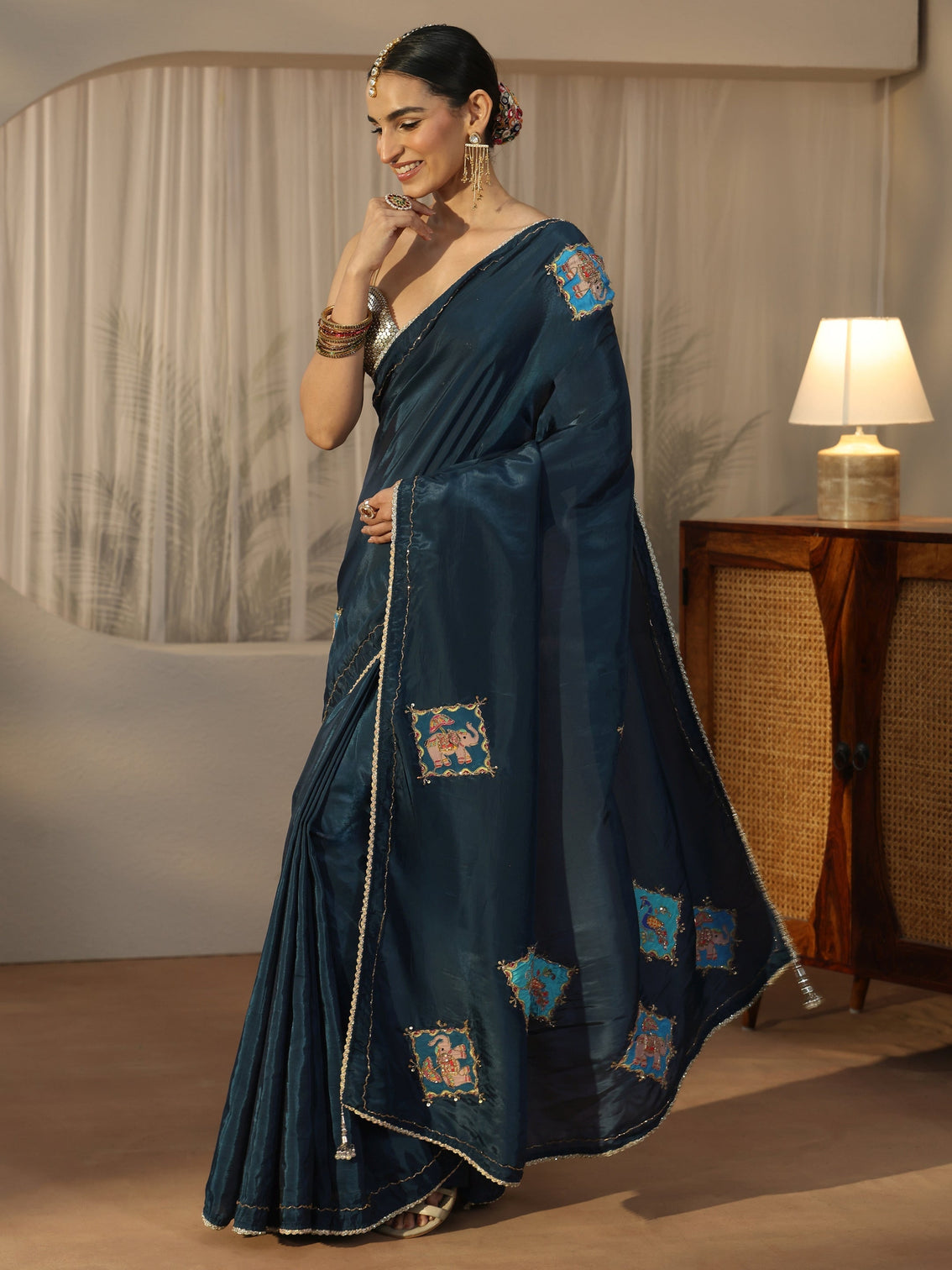 Mameraa Navy Blue Satin Saree with Applique Design