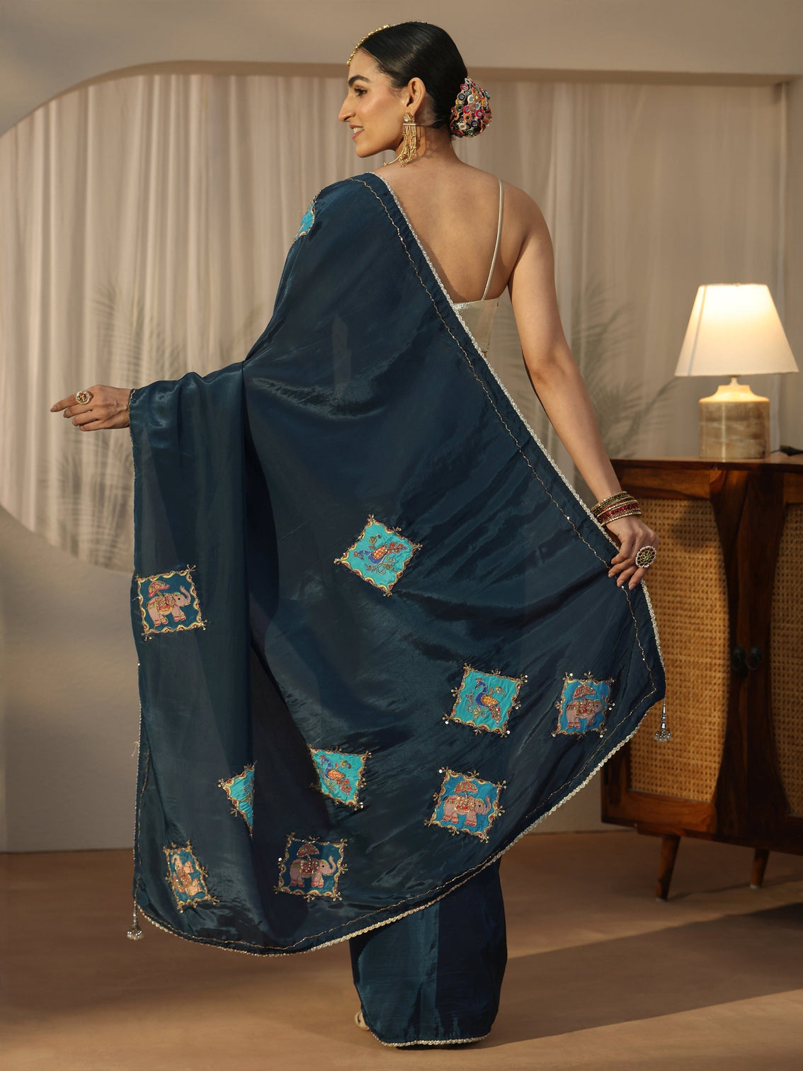 Mameraa Navy Blue Satin Saree with Applique Design