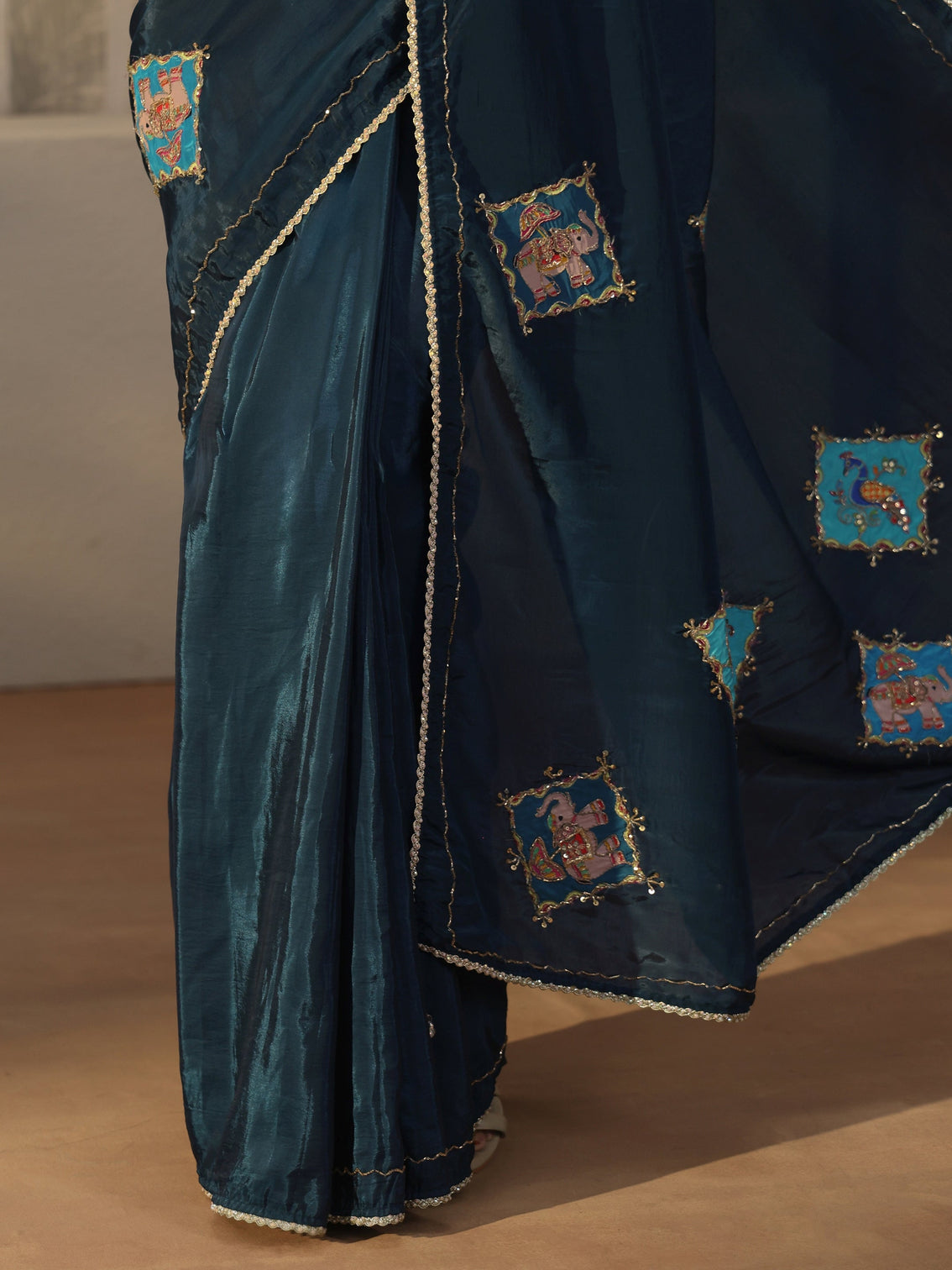 Mameraa Navy Blue Satin Saree with Applique Design