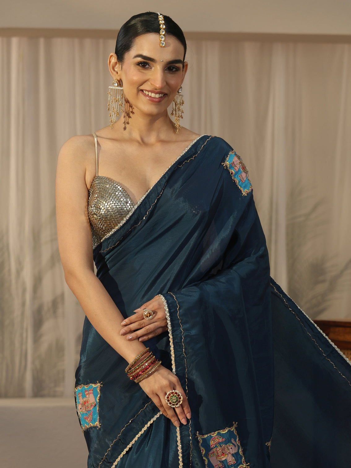 Mameraa Navy Blue Satin Saree with Applique Design