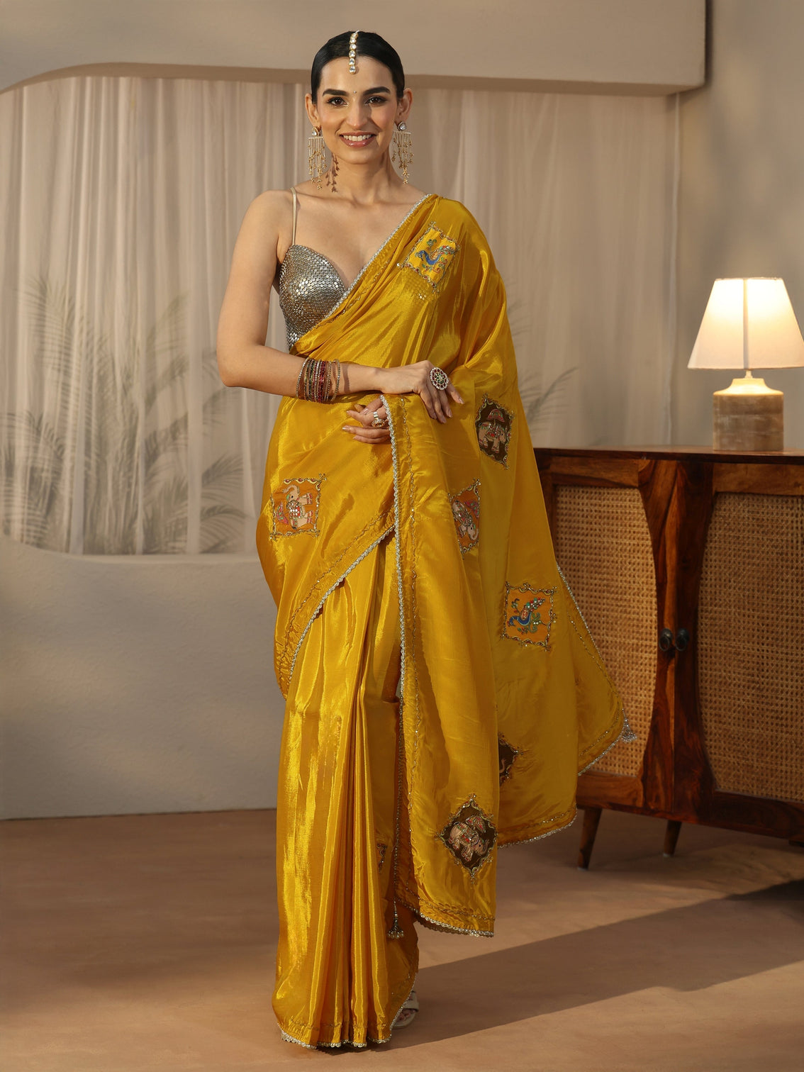 Mameraa Mustard Satin Saree with Applique Design