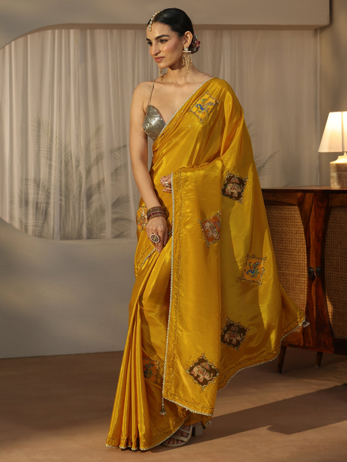 Mameraa Mustard Satin Saree with Applique Design