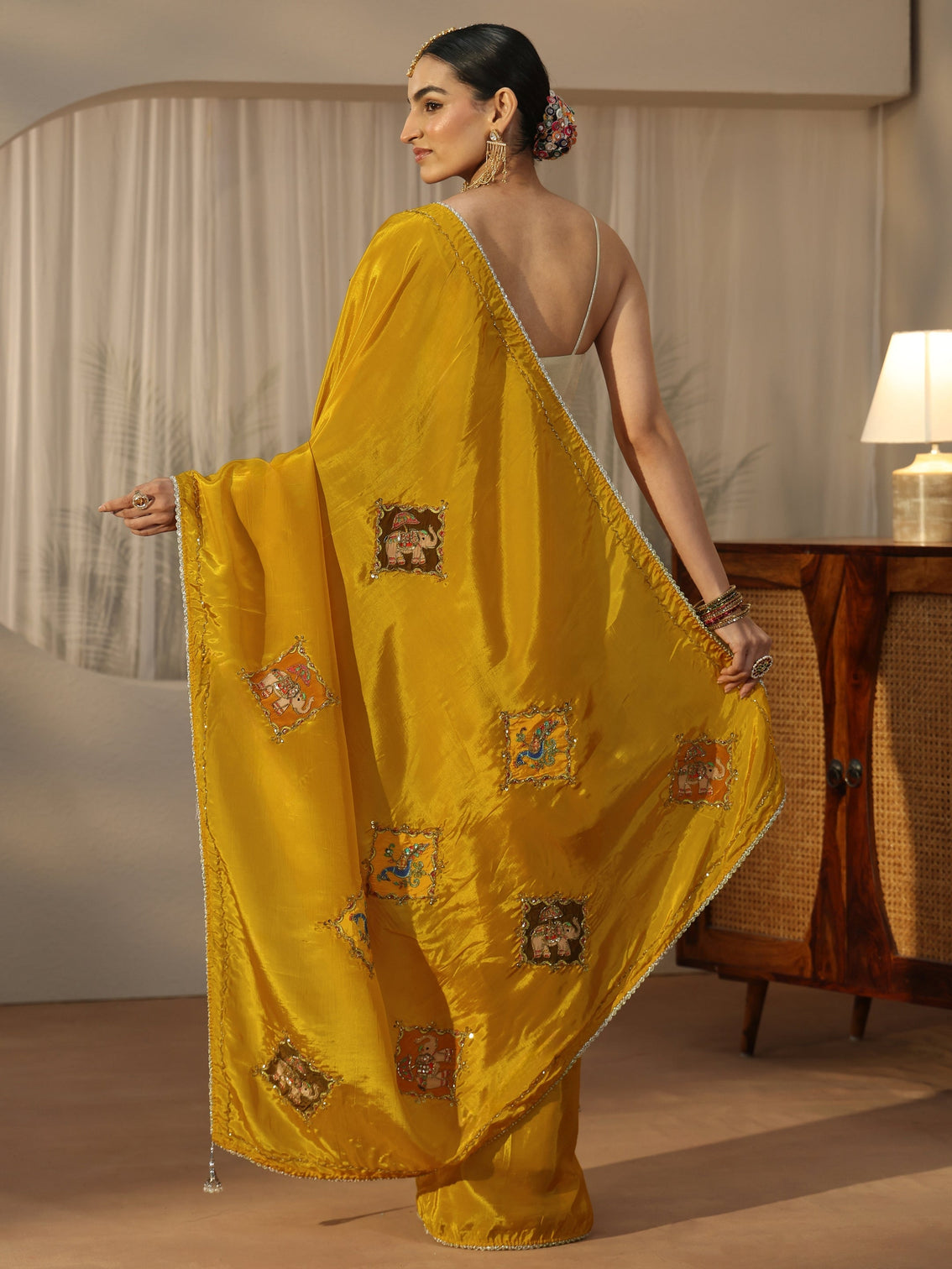Mameraa Mustard Satin Saree with Applique Design