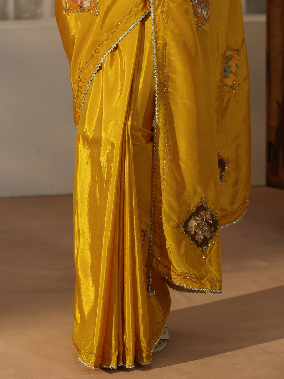 Mameraa Mustard Satin Saree with Applique Design