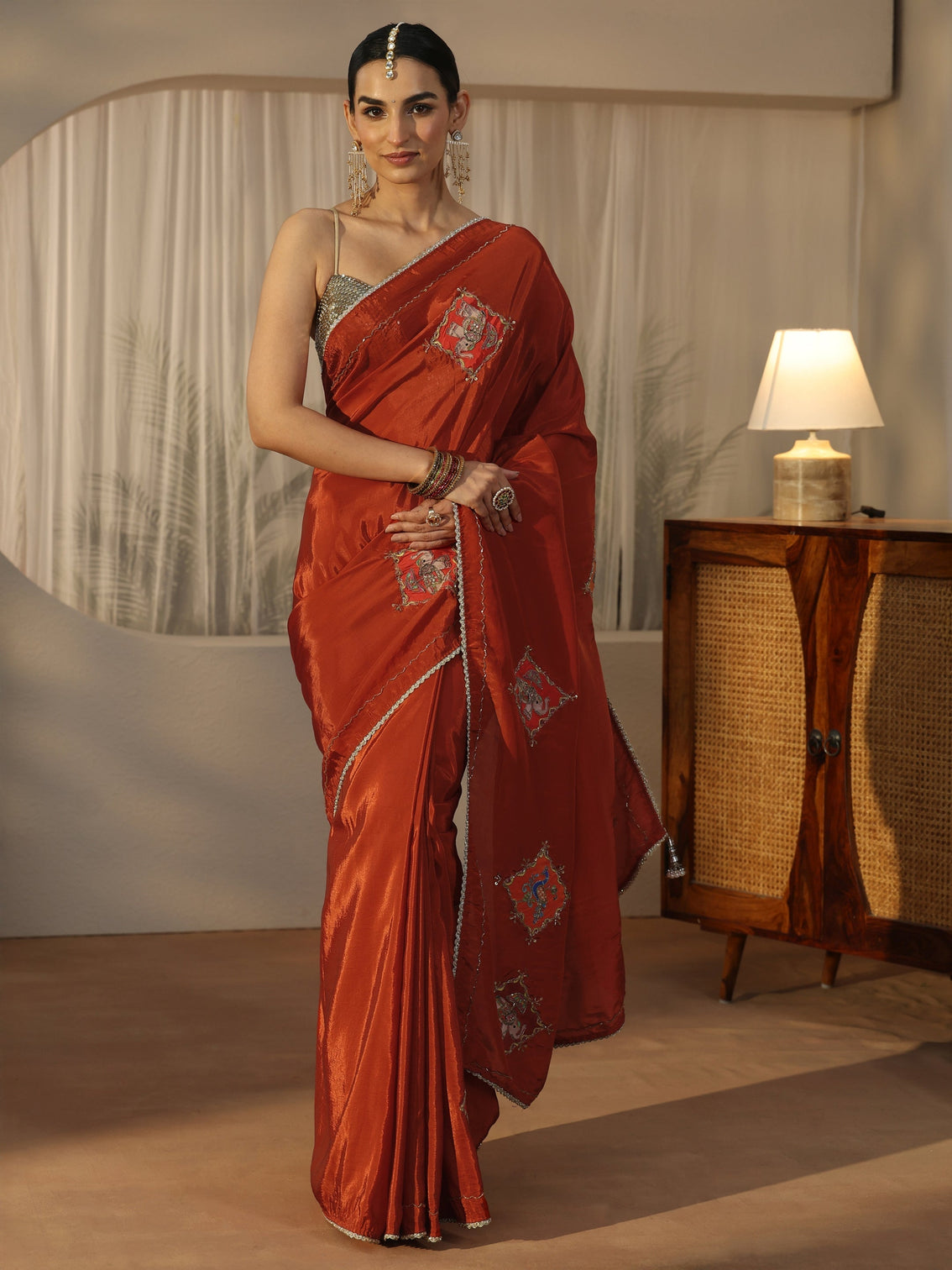 Mameraa Rust Brown Satin Saree with Applique Design