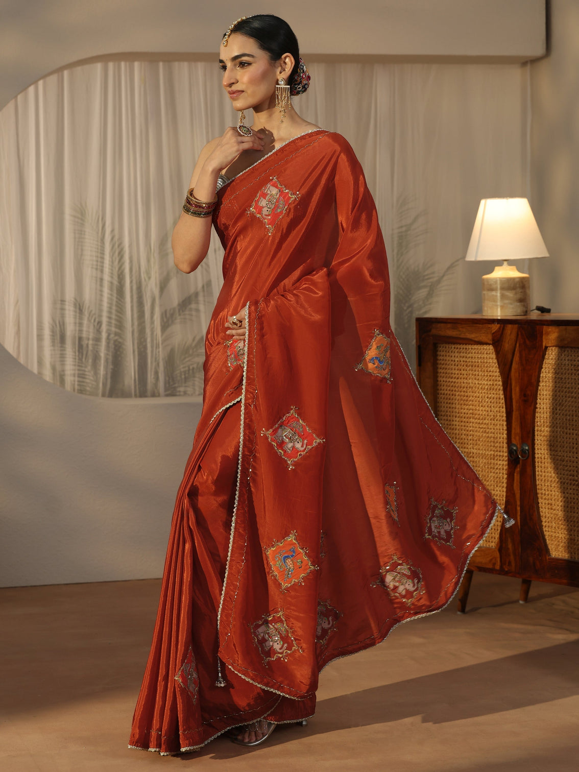 Mameraa Rust Brown Satin Saree with Applique Design