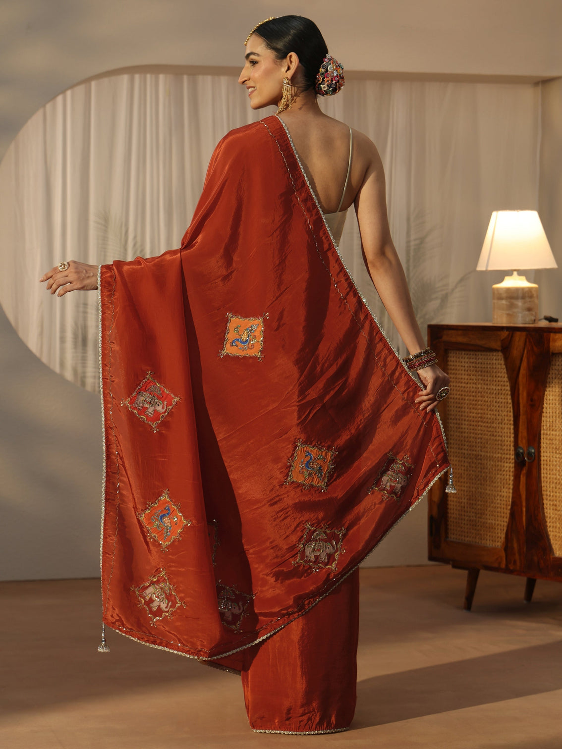 Mameraa Rust Brown Satin Saree with Applique Design