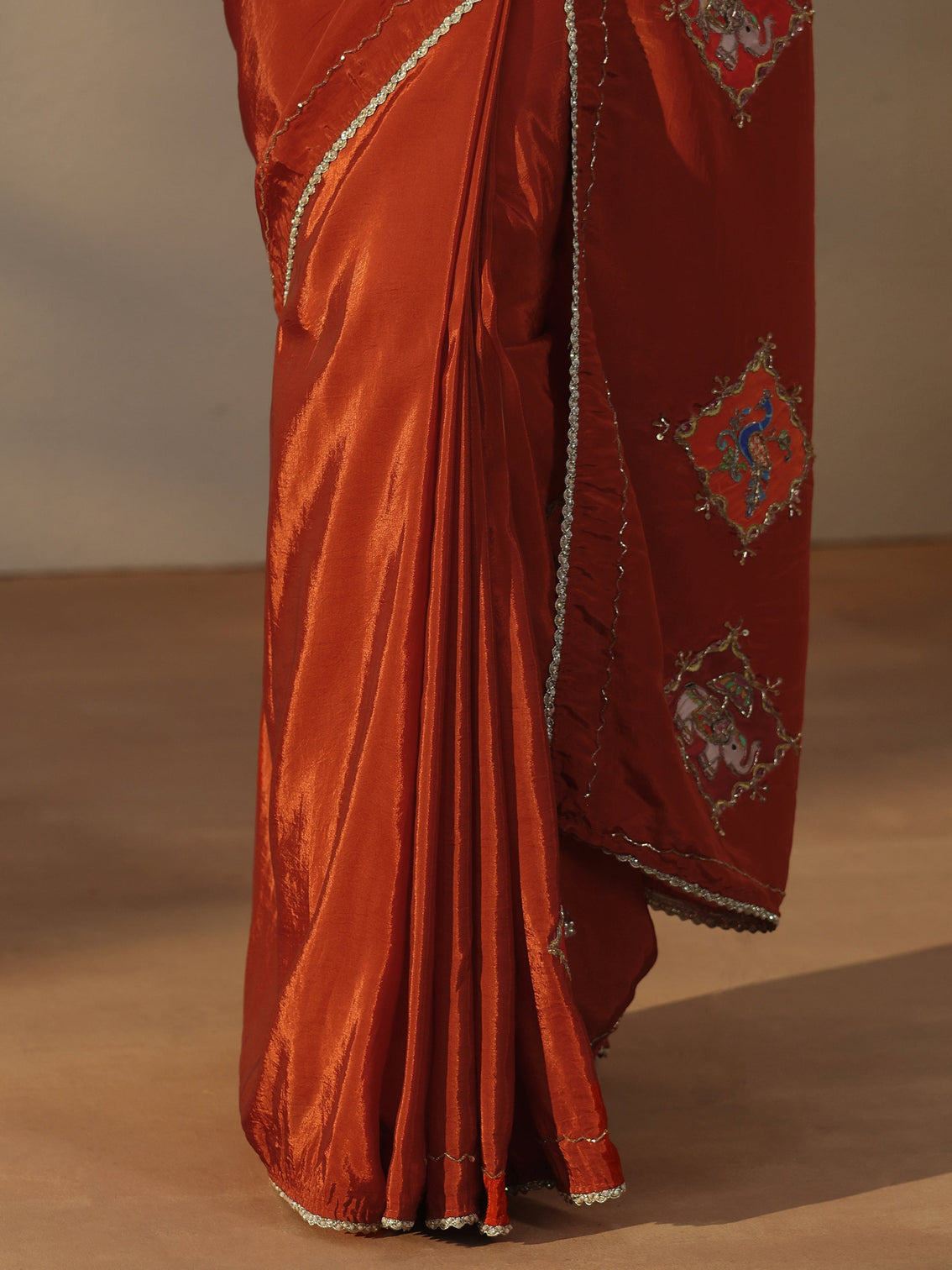 Mameraa Rust Brown Satin Saree with Applique Design