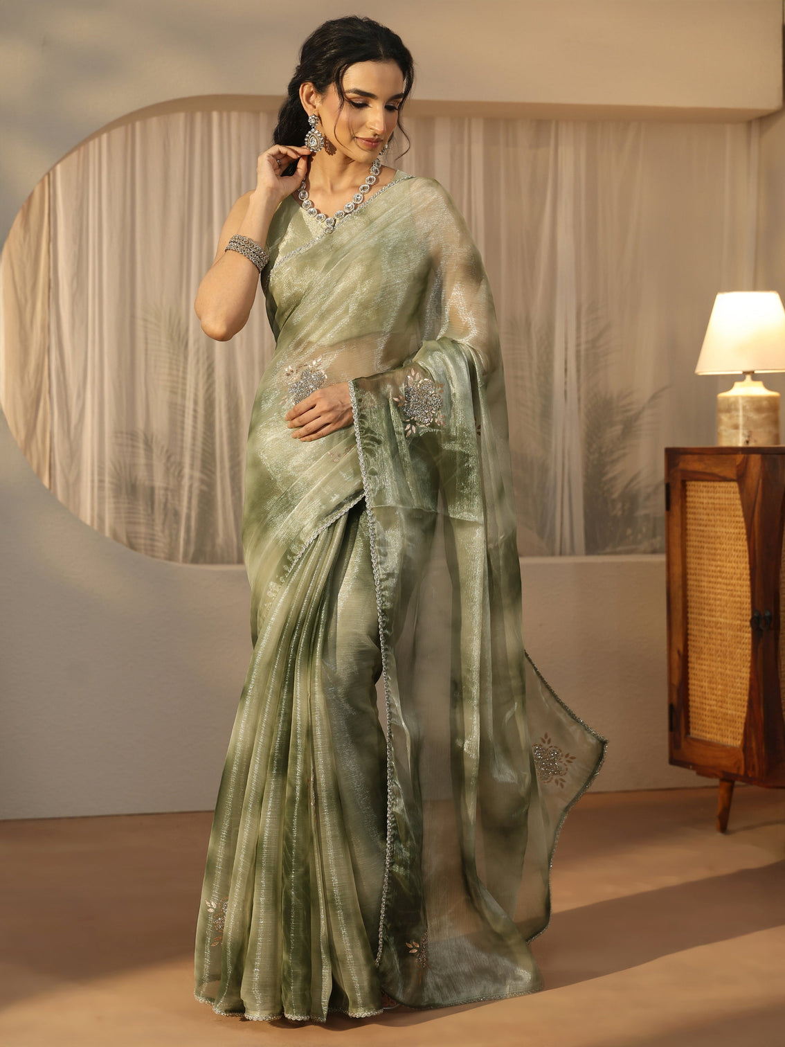 Mameraa Green Floral Embellished Tissue Saree