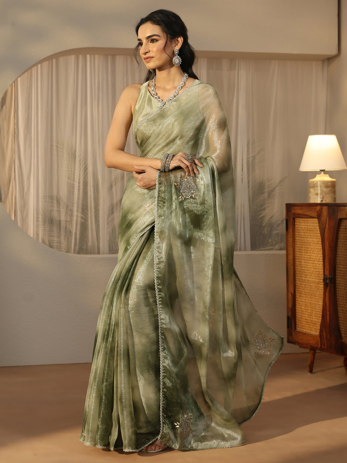 Mameraa Green Floral Embellished Tissue Saree