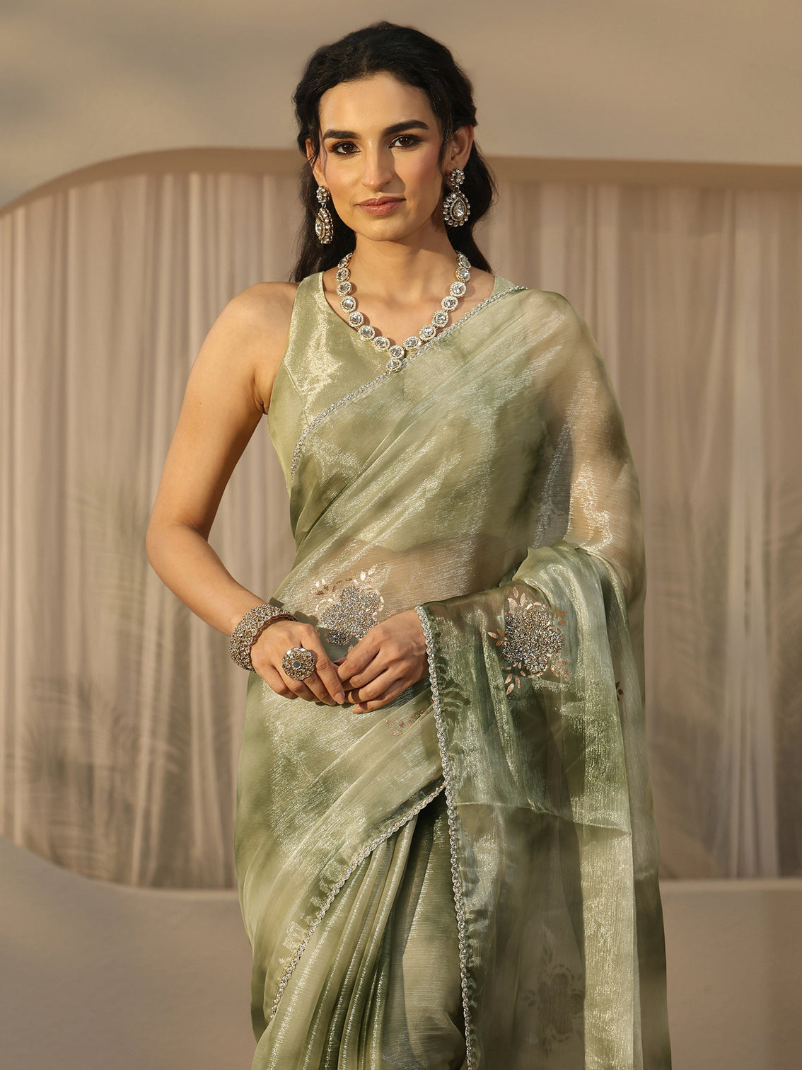 Mameraa Green Floral Embellished Tissue Saree