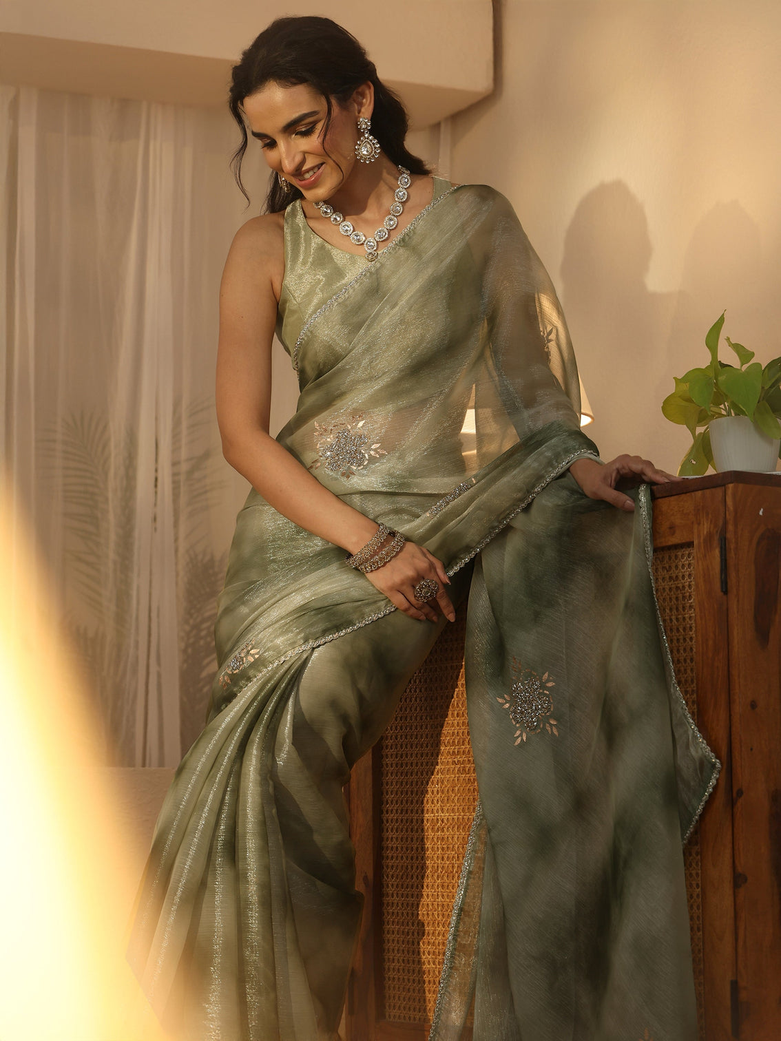 Mameraa Green Floral Embellished Tissue Saree