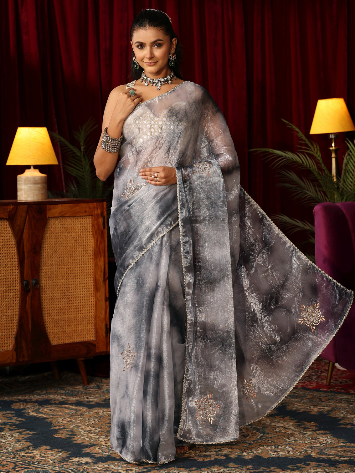Mameraa Grey Floral Embellished Tissue Saree