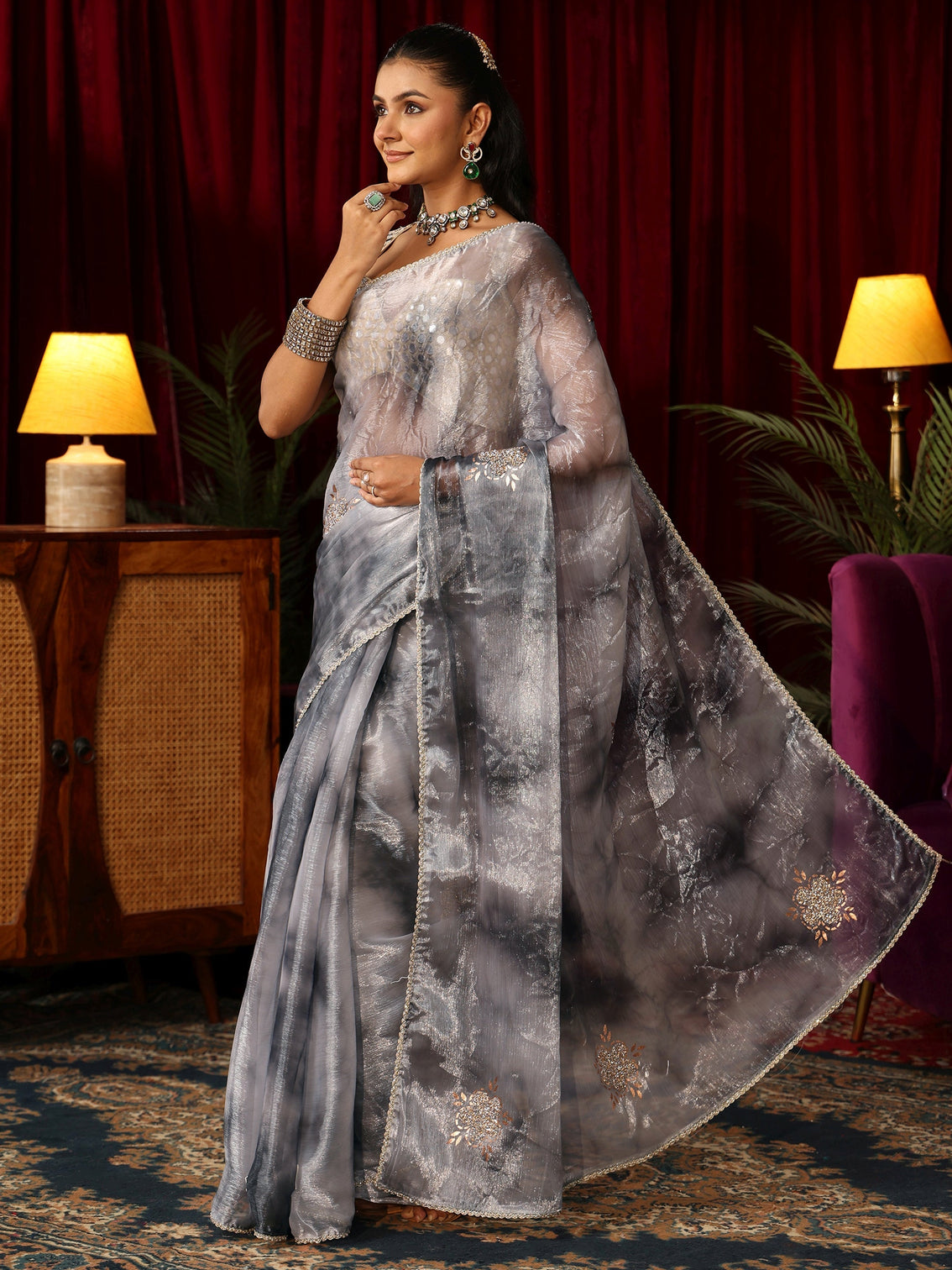 Mameraa Grey Floral Embellished Tissue Saree