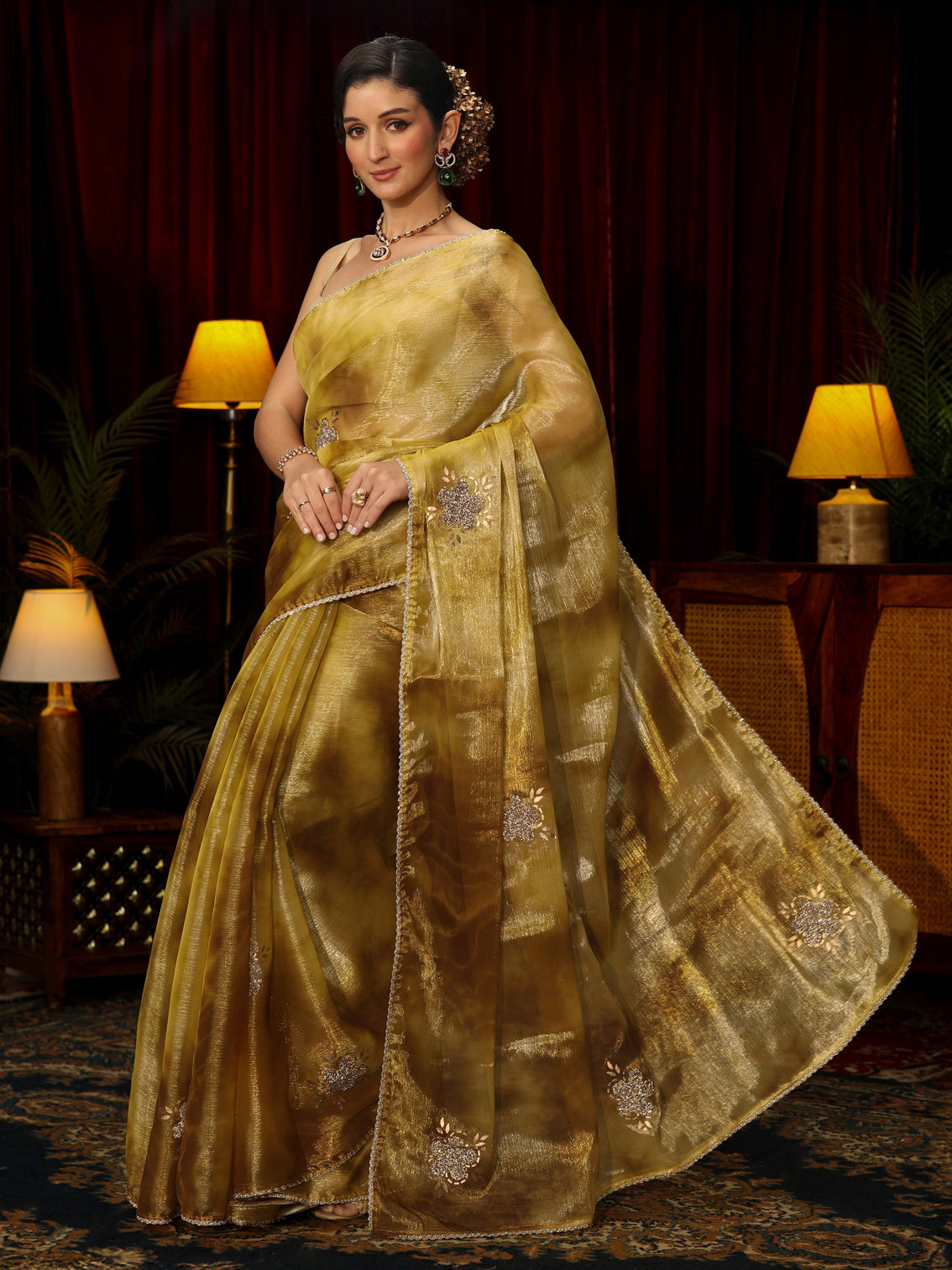 Mameraa Mustard Stone Work Embellished Tissue Saree