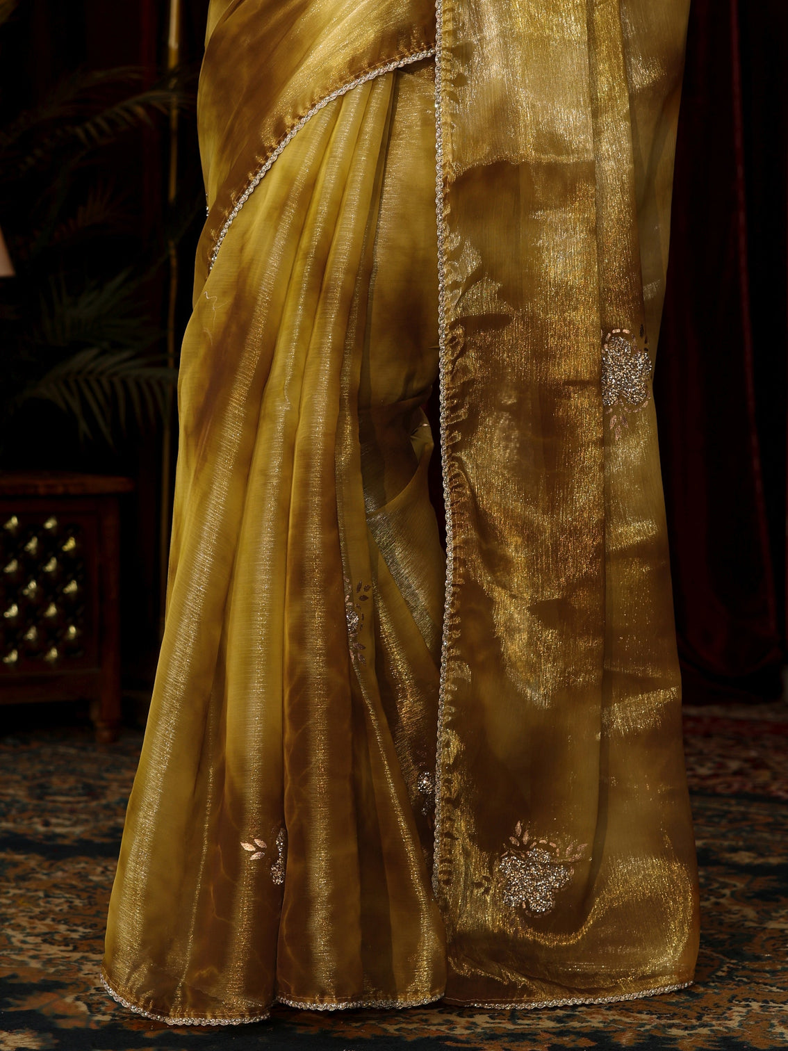 Mameraa Mustard Stone Work Embellished Tissue Saree