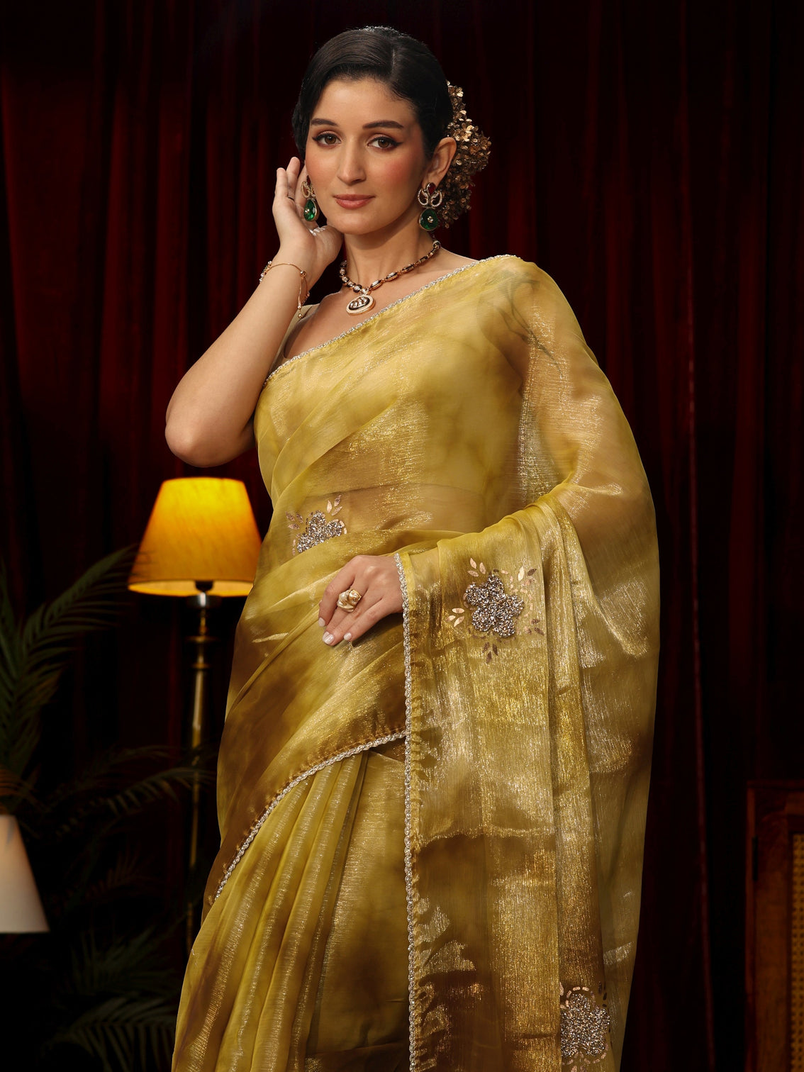 Mameraa Mustard Stone Work Embellished Tissue Saree
