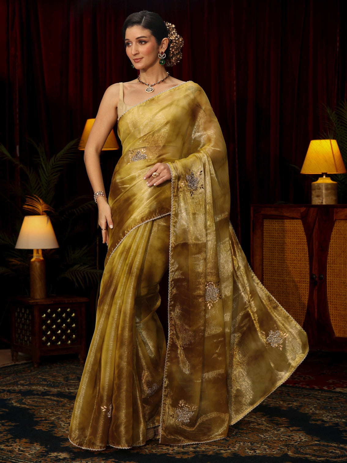 Mameraa Mustard Stone Work Embellished Tissue Saree
