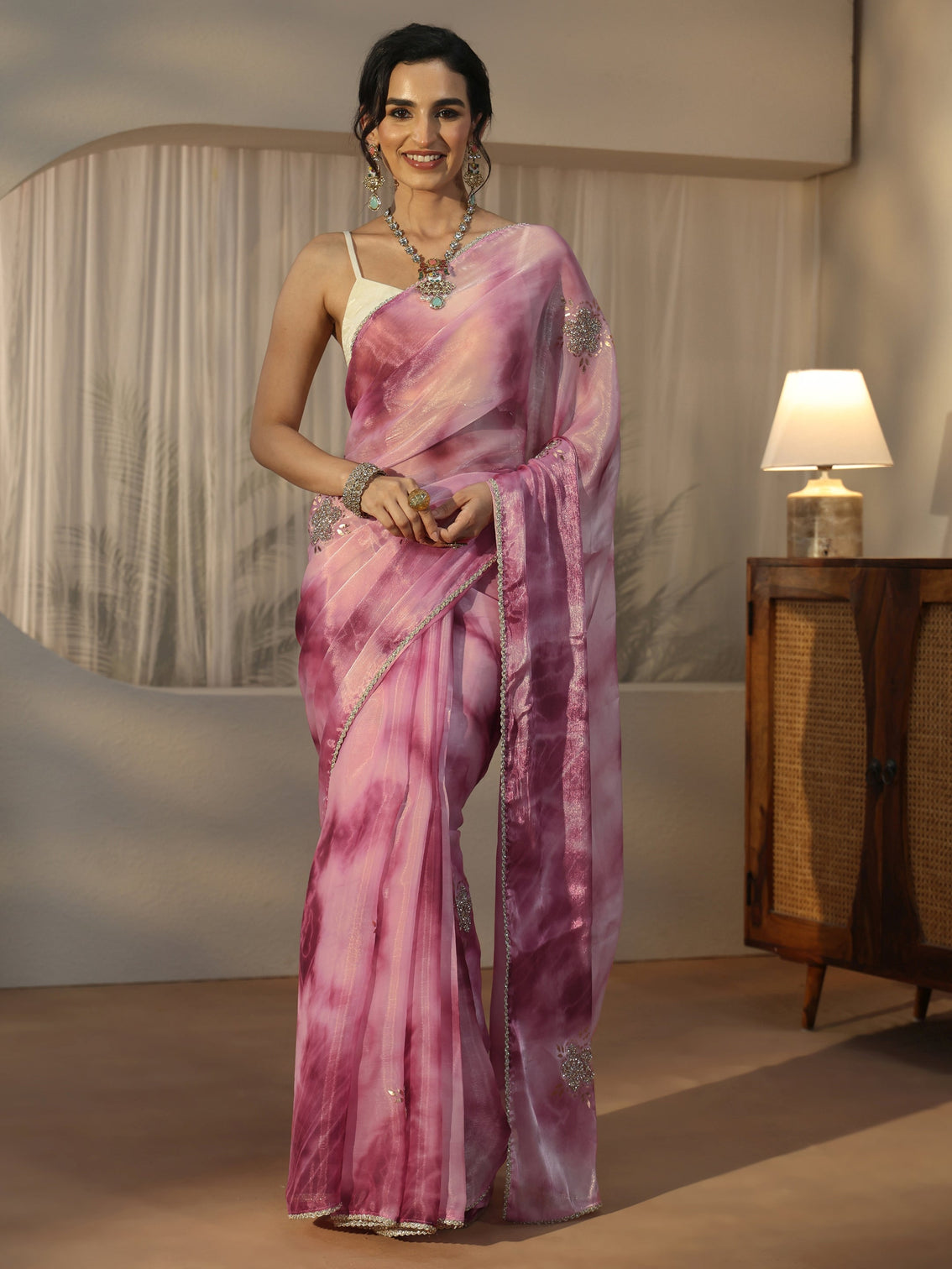 Mameraa Pink Floral Embellished Tissue Saree