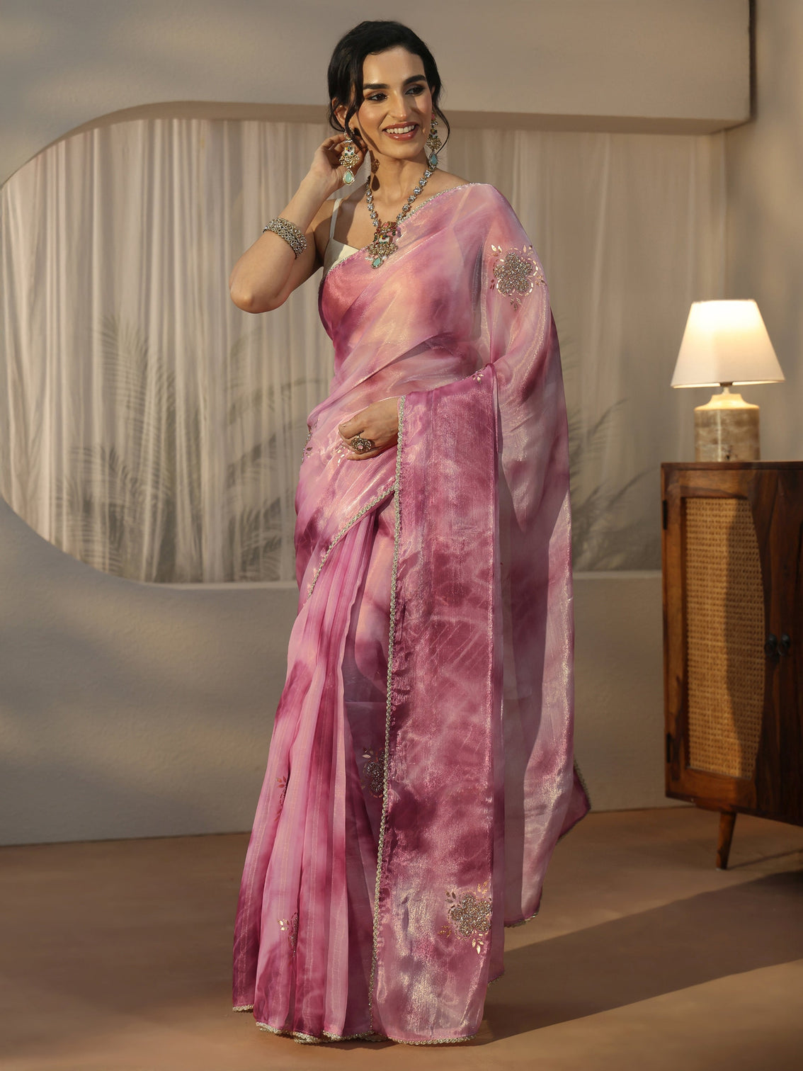 Mameraa Pink Floral Embellished Tissue Saree