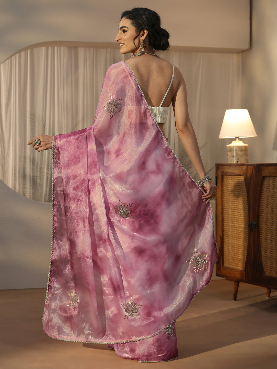 Mameraa Pink Floral Embellished Tissue Saree